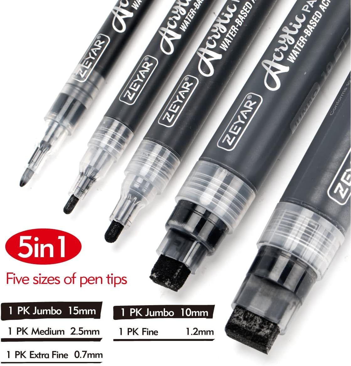 Acrylic Paint Marker Pens, 5 Different Point: Extra Jumbo Felt(15Mm),Jumbo Felt(10Mm), Medium Bullet(2-3Mm), Fine(1Mm), Extra Fine(0.7Mm) (5 Black)