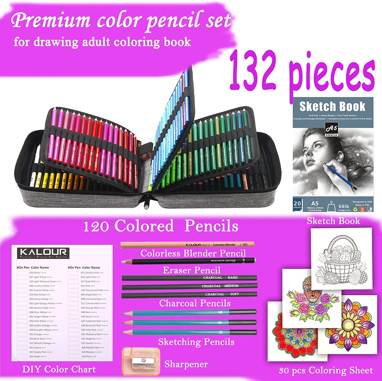 132 Colored Pencils Set,With Adult Coloring Book and Sketch Book,Artists Colorless Blender,Zipper Travel Case,Soft Core,Ideal for Drawing Sketching Shading,Art Supplies for Beginners Kids