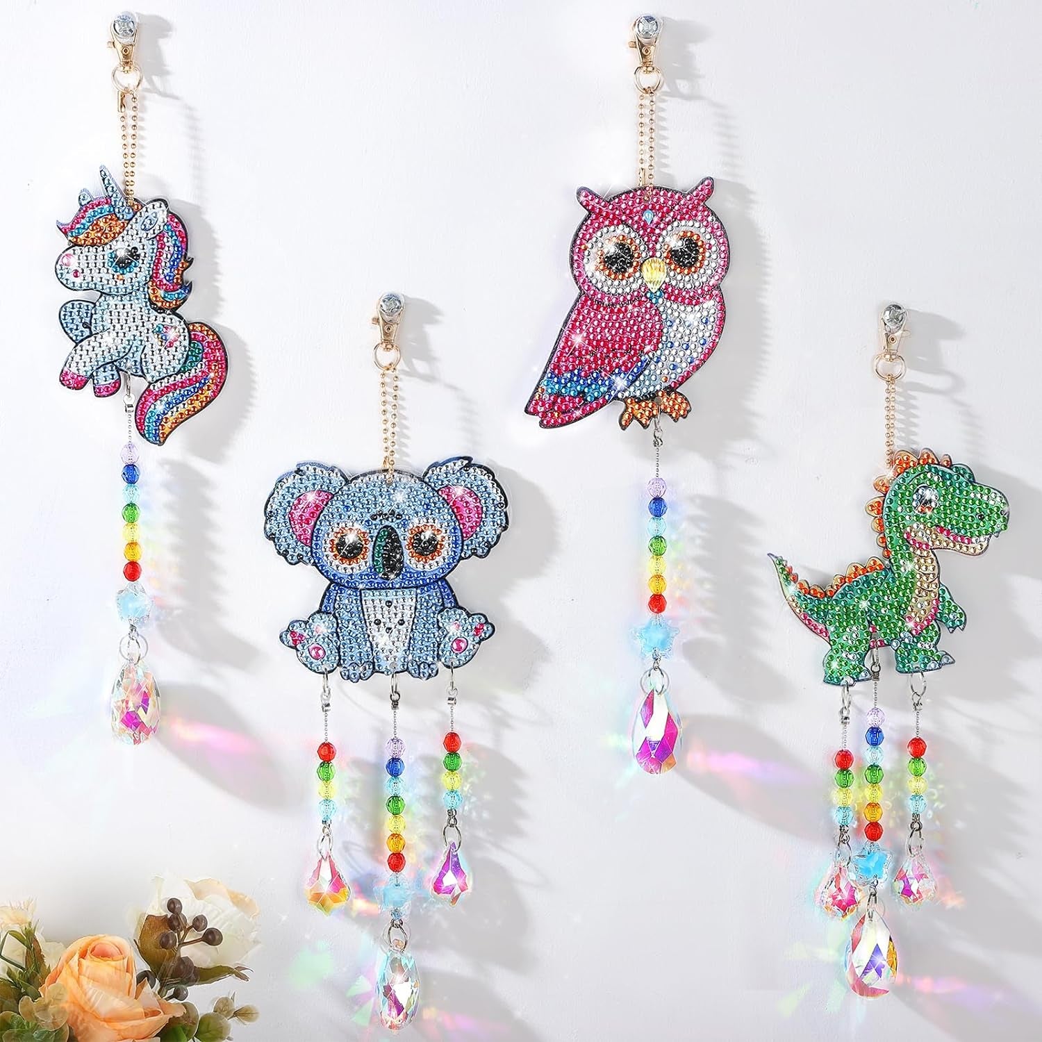 Diamond Art Suncatchers Kit for Kids Gifts - 4 Pcs Double Sided Wind Chime, Crystal Rhinestone Dotz Painting, Sea Animal Style Hanging Ornament for Home Window Beginners Craft DIY Supplies