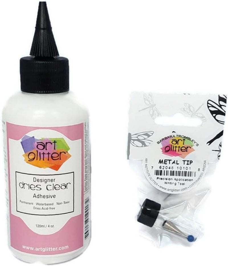 Art Glitter Glue Designer Dries Clear Adhesive 4 Oz with Ultra Fine Metal Tip, Standard