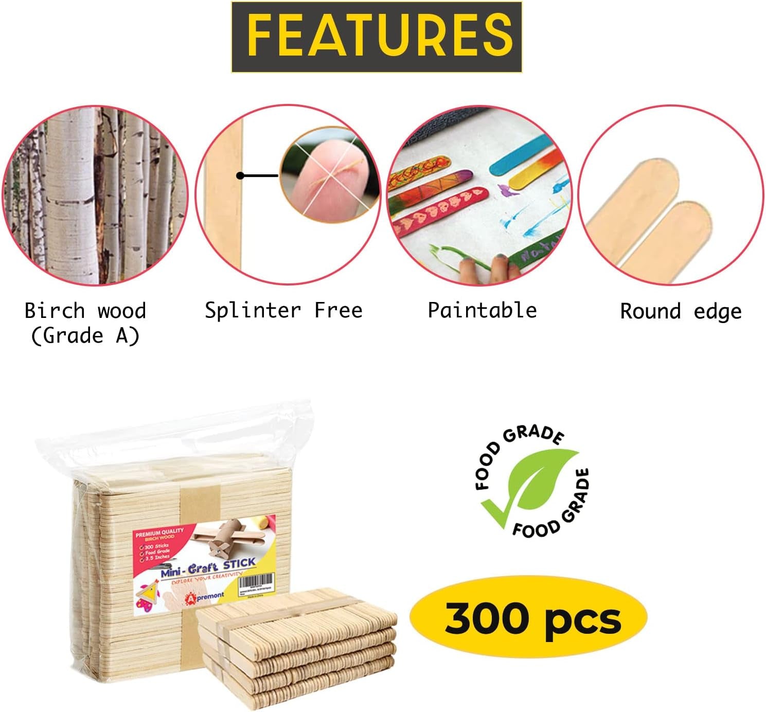 300 Pcs Mini Natural Wooden Food Grade Craft Sticks - Ice Cream Stick - Popsicle - 3.5 Inch Length - Suit Crafting, Stirring, Paddle, Waxing, Small Ice Pop Stick for DIY Kids Popcicle