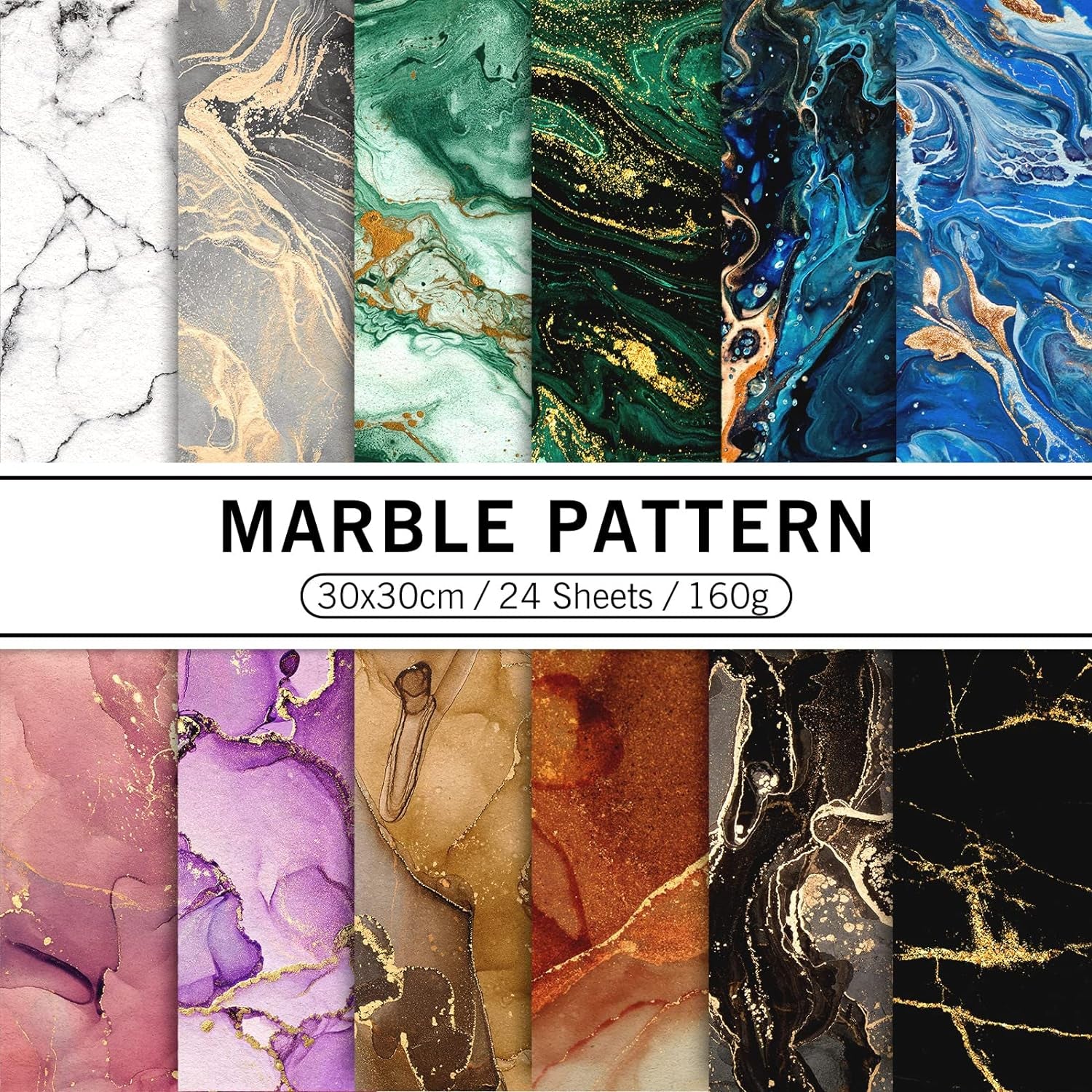 24Pcs Marble Pattern Paper Pack 30X30Cm Colorful Marble Scrapbook Specialty Paper Double-Sided Patterned Paper Collection Folded Flat for DIY Background Card Making Photo Album Decor