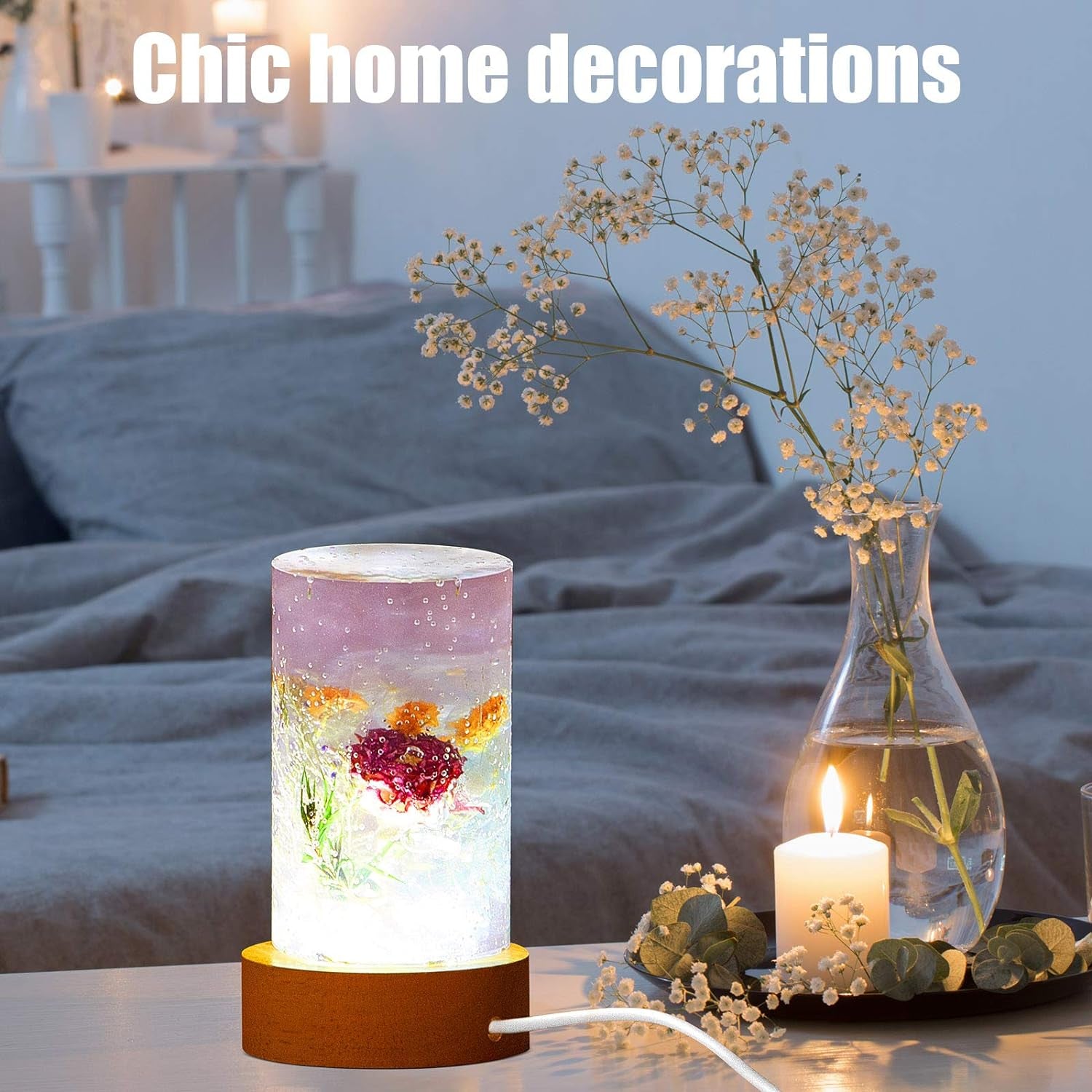 3 Pieces Cylinder Light Resin Silicone Mold Set, Include Resin Cylinder Light Mold and USB Powered Wooden Lighted Base Stand for DIY Table Candle Desktop Lamp Ornaments Home Decorations