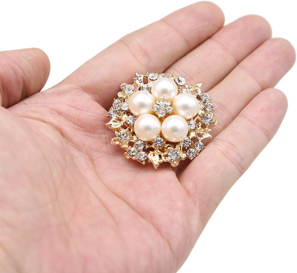 Lot 9Pcs Rose Gold-Tone Rhinestone Brooches, Big Pearl Crystal Wedding Bouquet Kit Set