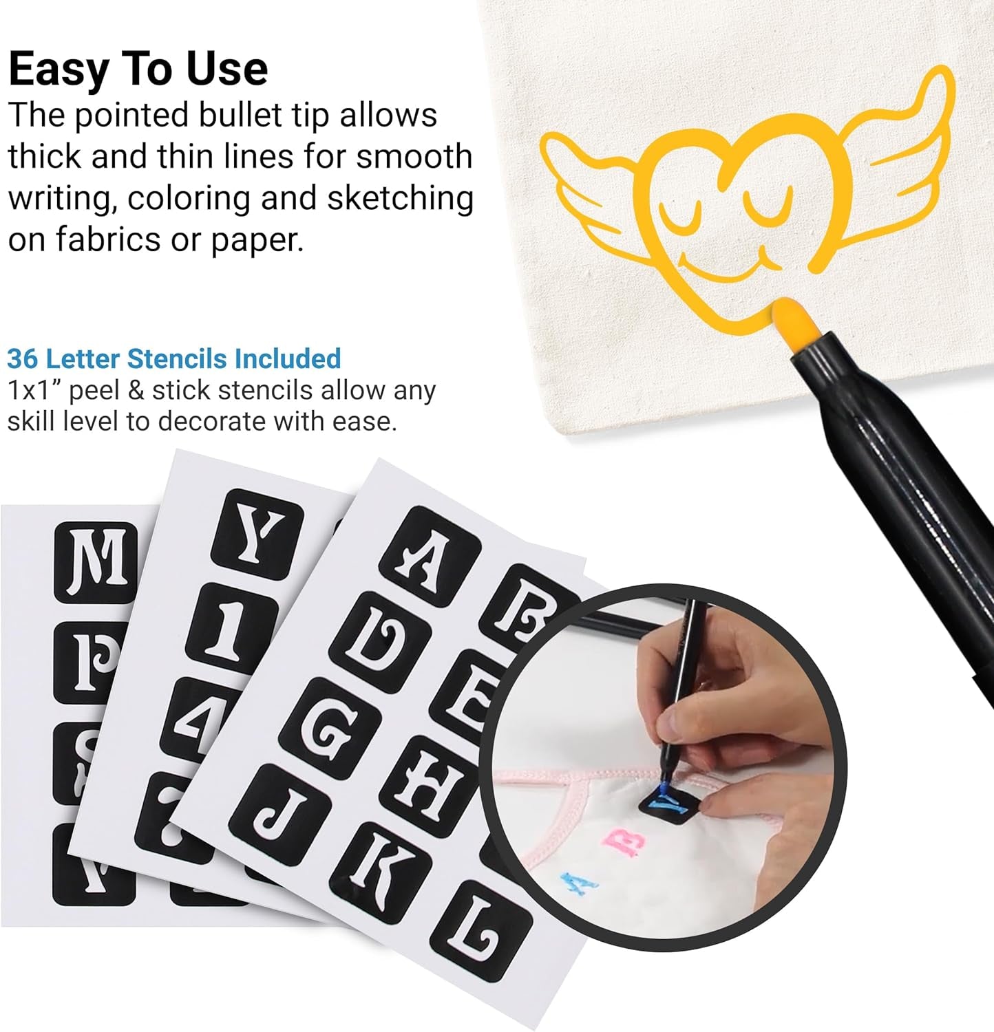 Fabric Markers Set of 26 Colors, Fabric Pens Permanent, Canvas Markers Fabric Paint Pens, Fabric Crayons for Fabric Decorating, with Gold and Silver Shirt Paint and 36 Letter Stencils