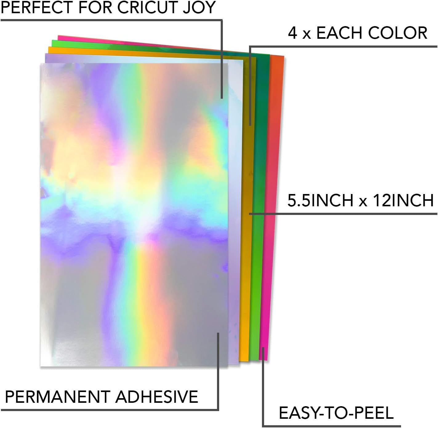 Holographic Vinyl Permanent Compatible with Cricut Joy [20 Pack, 5.5 X 12 Inch] Metallic Opal Vinyl Sheets [Opal, Rainbow/Silver, Pink, Blue/Green, Gold/Red] Strong Foil Adhesive Backed Holo Vinyl