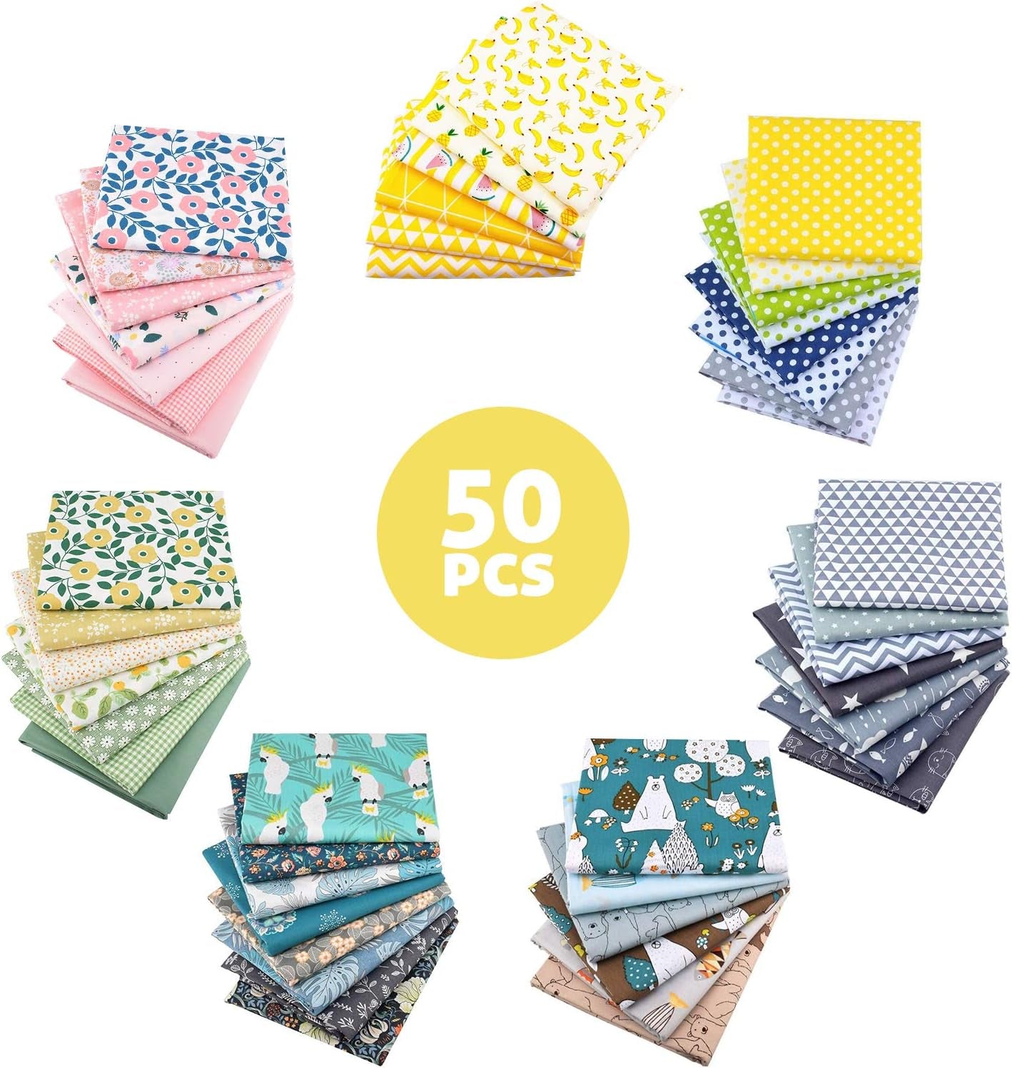 50Pcs 9.84" X 9.84" (25Cm X 25Cm) Cotton Fabric Bundle Precut Squares Fat Quarter for Patchwork Sewing DIY Craft Quilting Fabric (Bright Solid Colors)