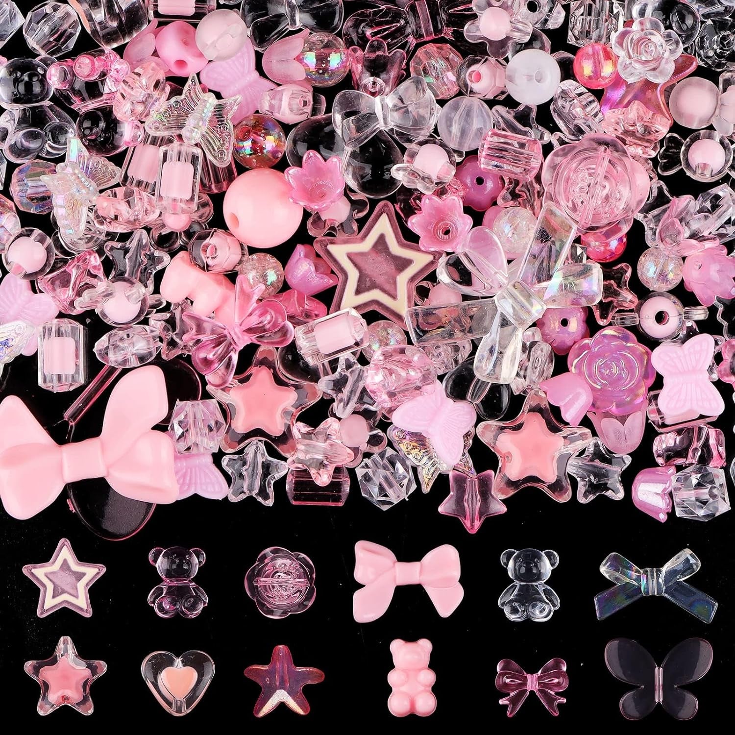 150PCS Acrylic Pastel Beads for Jewelry Making,  Colorful Bow Butterfly Flower Kawaii Plastic Candy Heart Cute Macaroon Aesthetic Beads for Bracelet Necklace DIY Supplies (Pink)