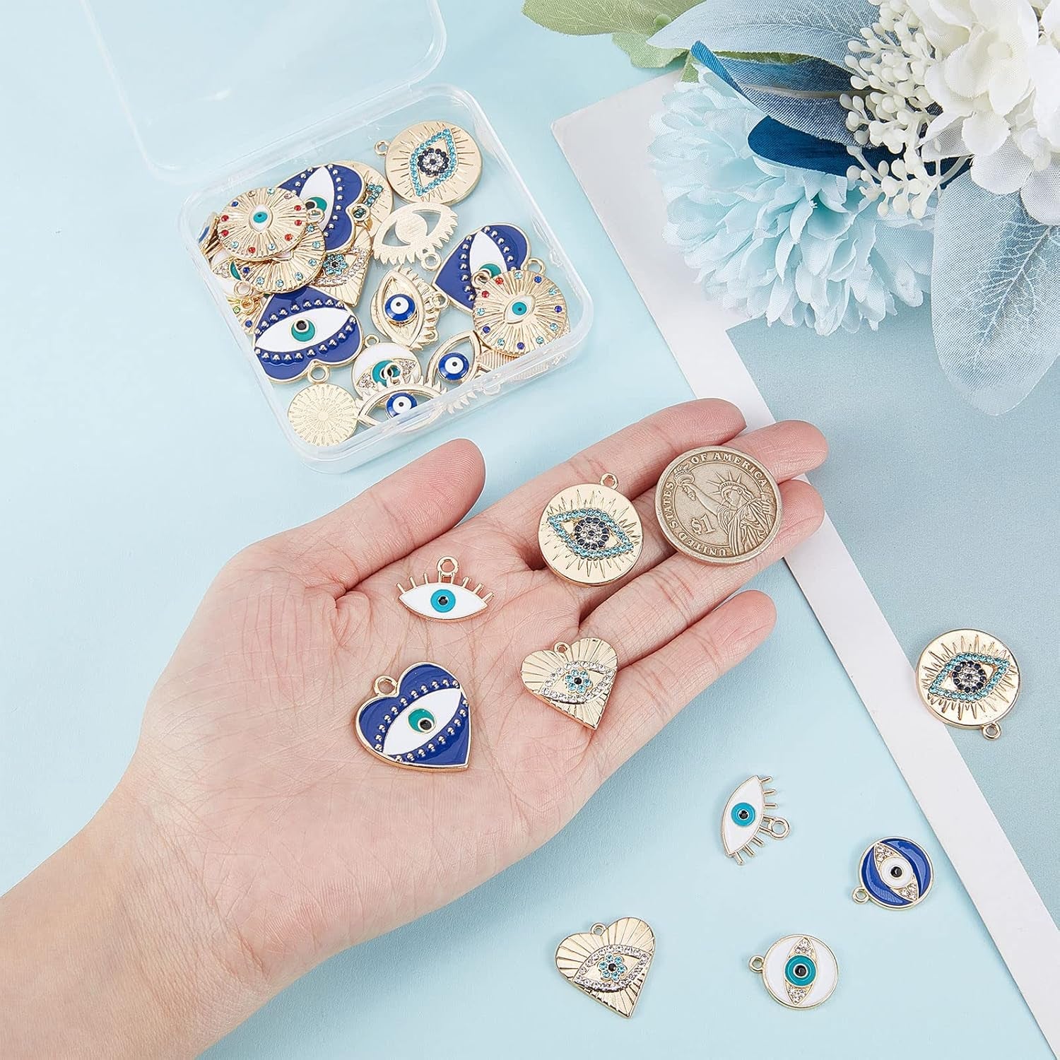 1 Box 40Pcs Evil Eye Charms Evil Eyes Charm Valentine'S Day Heart Charm Flat round Rhinestone Hamsa Hand Lucky Charms Love Charms for Jewelry Making Charm Earrings Necklace DIY Supplies