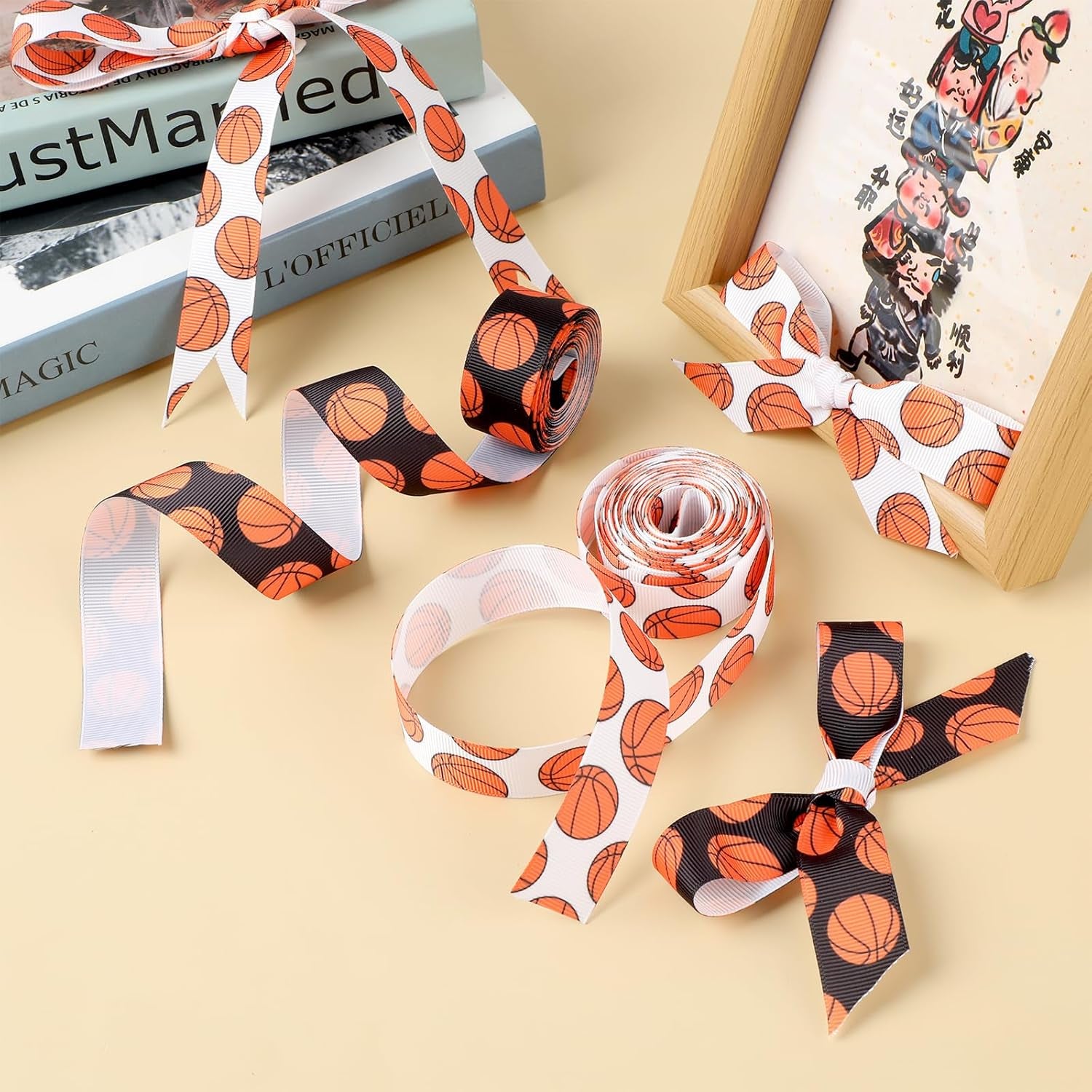 2 Rolls 10 Yards Basketball Ribbon, Basketball Grosgrain Ribbon Cheer Ribbon Pattern Wrapping Ribbon Softball Ribbon for Crafts Cheer Bows Team Uniform Sewing and More