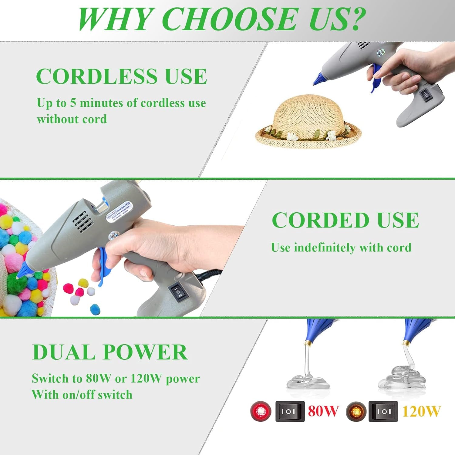Full Size Hot Glue Gun,  120W&amp;80W Glue Guns Dual Temp Large Industry Glue Gun, Corded Detachable Cord Use Stand-Up Base Anti-Drip Hot Melt Glue Gun with 12 Glue Sticks for Art DIY Craft Repair