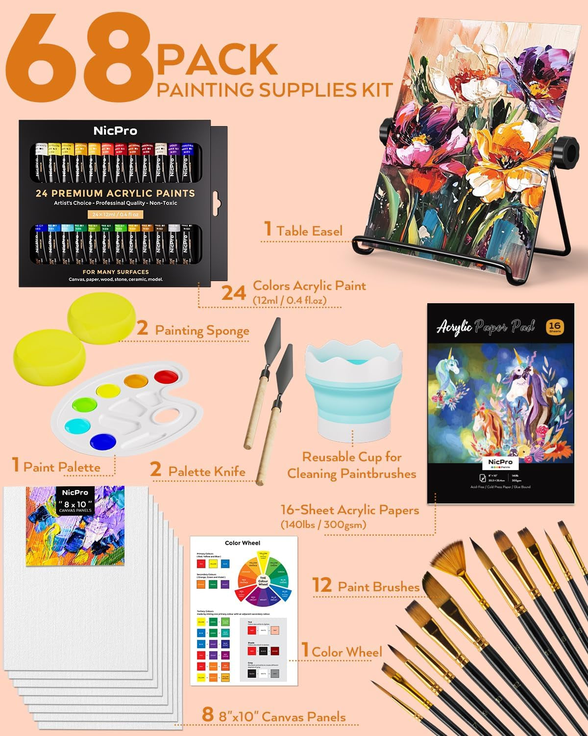 68PCS Acrylic Paint Canvas Set for Adults &amp; Kids, Art Painting Supplies Kit with 24 Paints,Table Easel,8 Canvas Panels,12 Brushes,Paper Pad,Cleaning Cup,Sponge,Palette for Artist Beginner