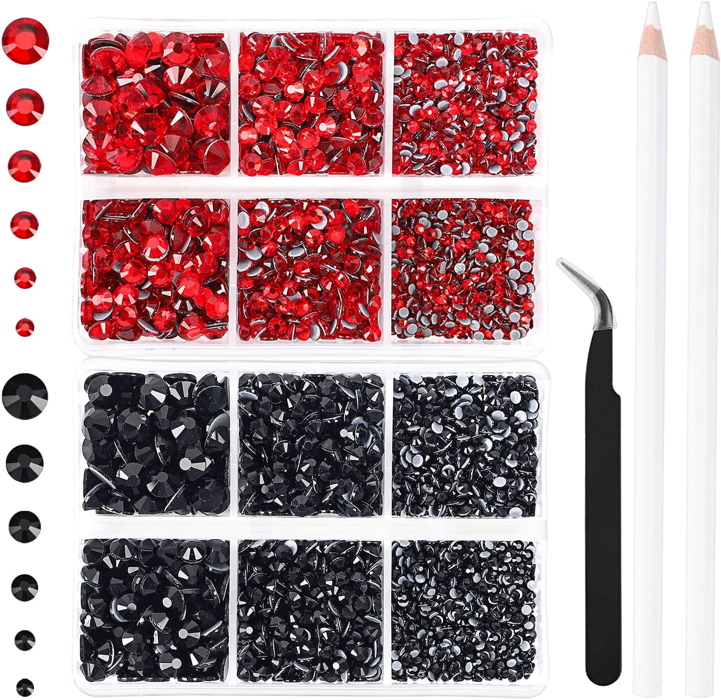 5040Pcs Red Flatback Rhinestones for Crafting, Crystal round Gems for Nail Art DIY Crafts Clothes Bags, 6 Mixed Size Hotfix Rhinestones with Tweezers and Picking Rhinestones Pen