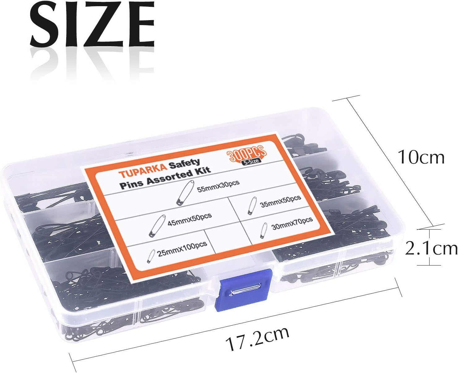 5 Sizes Black Safety Pins Assorted 25-55Mm Small and Large Safety Pins for Art Craft Sewing Jewelry Making in a PP Box (300 Pcs)