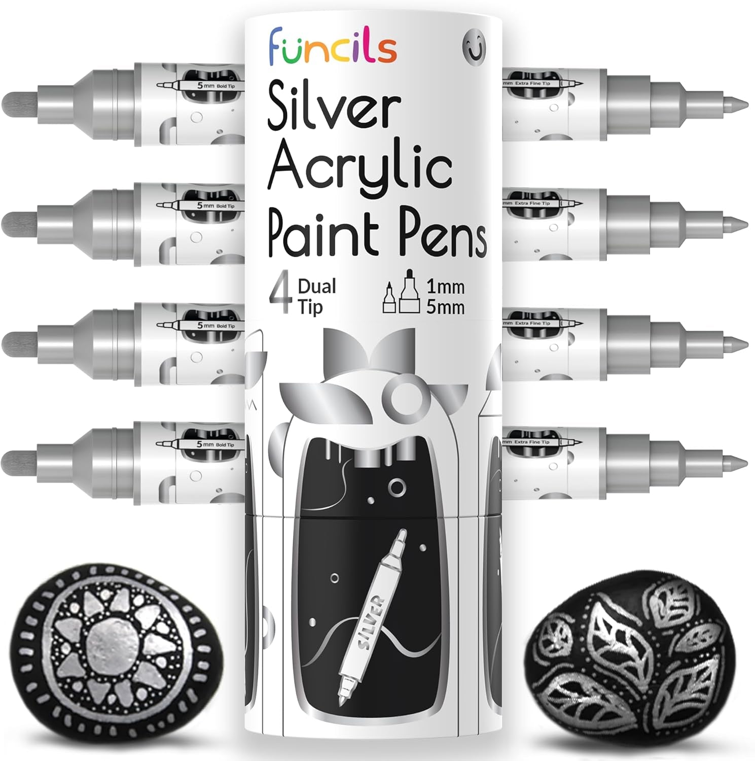 4 Dual Tip Acrylic Paint Pens - Fine Tip &amp; Medium, Permanent &amp; Waterproof - Acrylic Paint Markers for Rock Painting, Canvas, Wood, Ceramic, Glass, Fabric, Metal - White, Black, Gold &amp; Silver