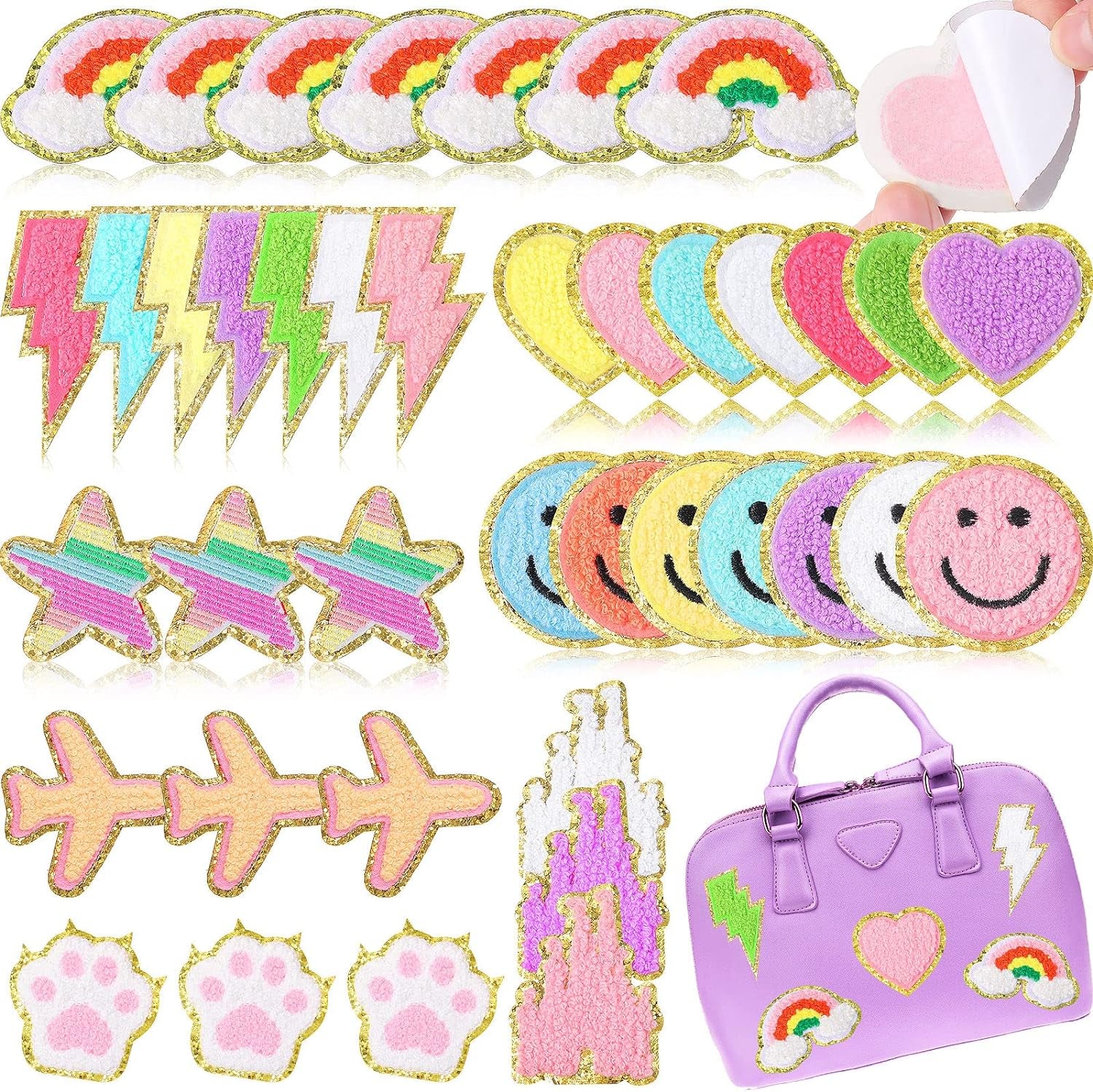 40 Pcs Self Adhesive Chenille Patches Colorful Cute Chenille Embroidered Patches Glitter Chenille Patches Sticker Applique for Clothing Fabric Jacket DIY Backpack Repair Decor(Cute)