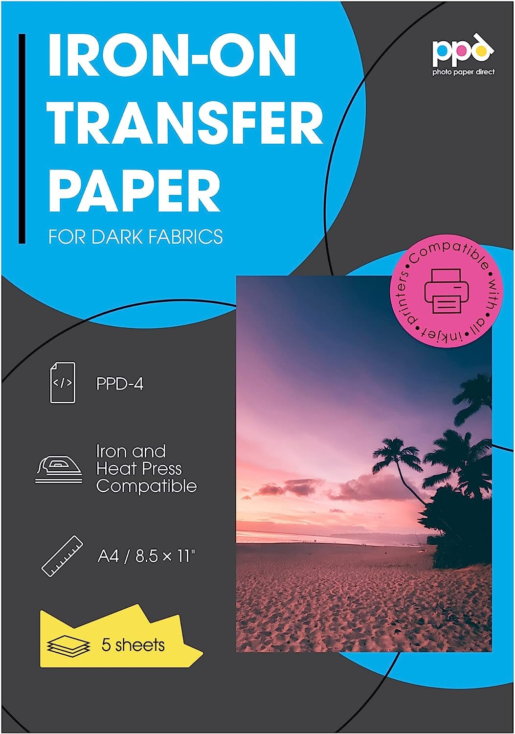 Iron on Transfer Paper for Dark Fabric Compatible with Inkjet Printer, 8.5 X 11 Printable T Shirt Heat Transfer Papers, Custom Print Photo, Durable, Flexible & Machine Washable (5 Sheets)