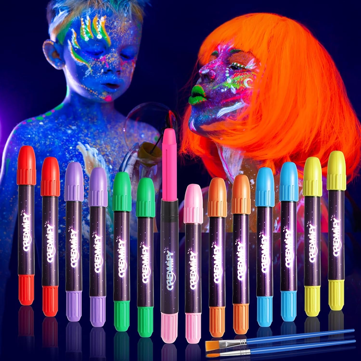 14 Pcs Glow in the Dark Face Paint,  Black Light Neon Face & Body Paint, Halloween Masquerade Makeup Sticks, Fluorescent Crayons Kit for Kids