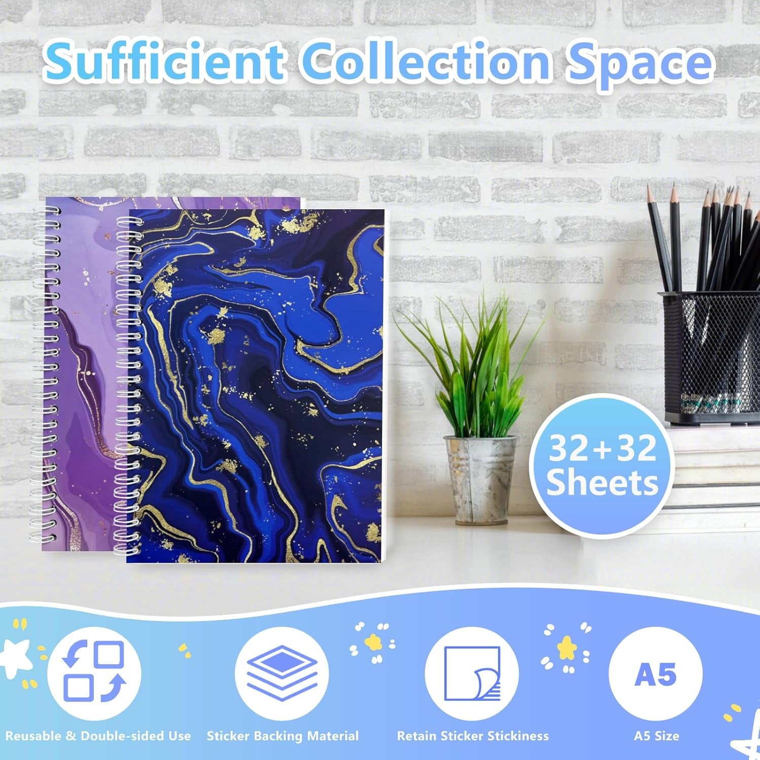 2 Pack Reusable Sticker Book Collecting Album A5 Size 32+32 Sheets Release Paper Sticker Collection Storage Book for Adults Sticker Saver Holder Book (Blue+Purple)