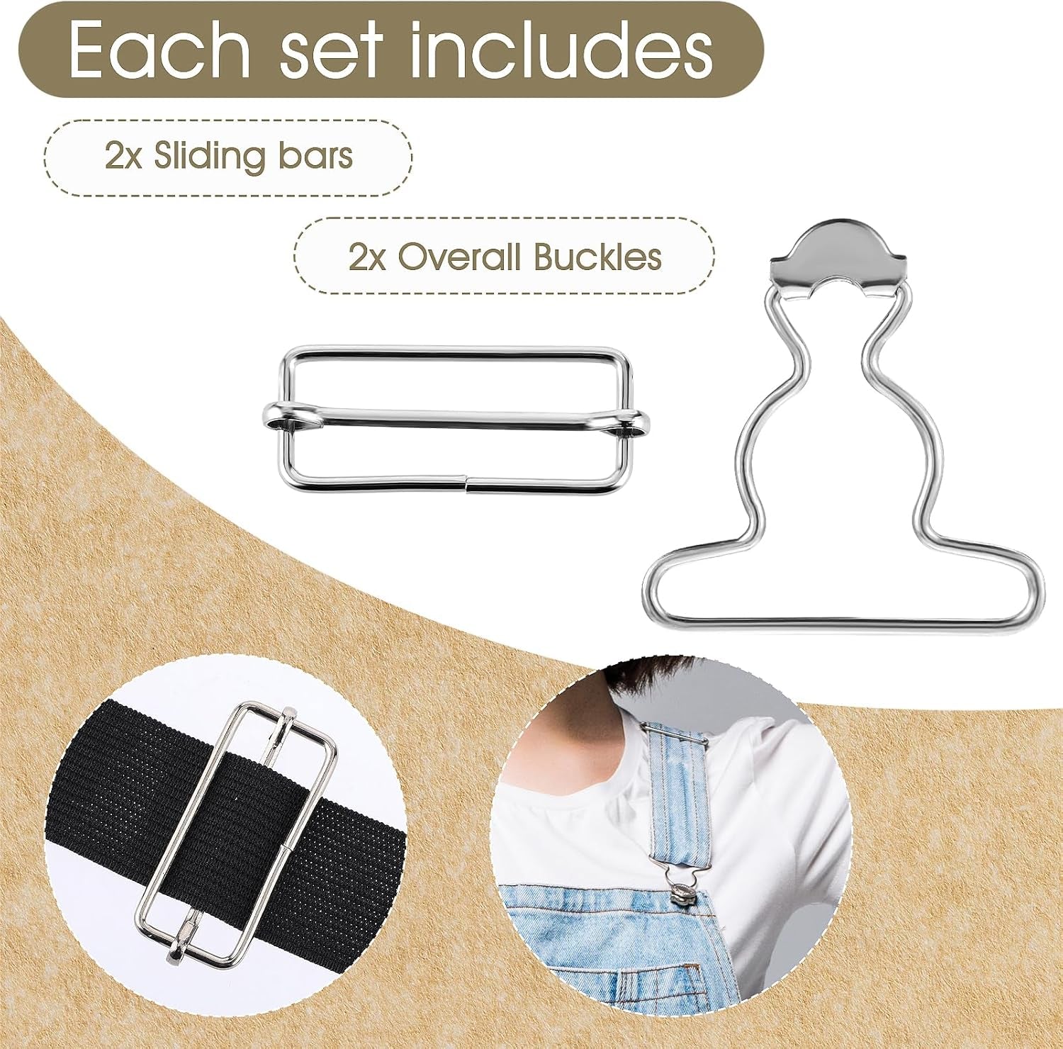 2 Pairs Metal Overall Buckles Suspender Buckle with Rectangle Adjustable Overall Bib Clips Replacement No-Sew Button