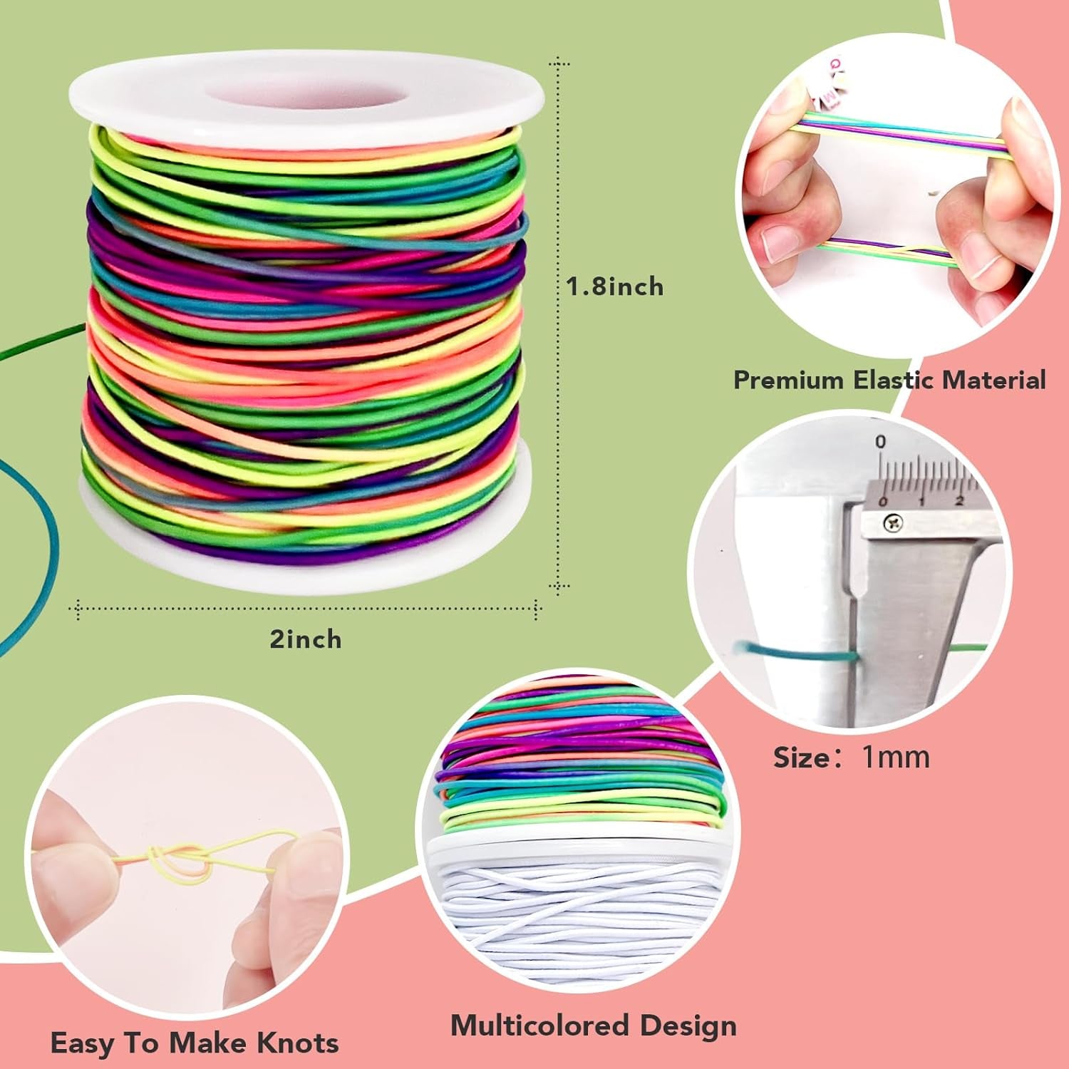 Stretchy Bracelet String, 2 Rolls 1Mm Sturdy Elastic String for Bracelets, Elastic Cord for Jewelry Making, Beading, Necklaces and Crafts