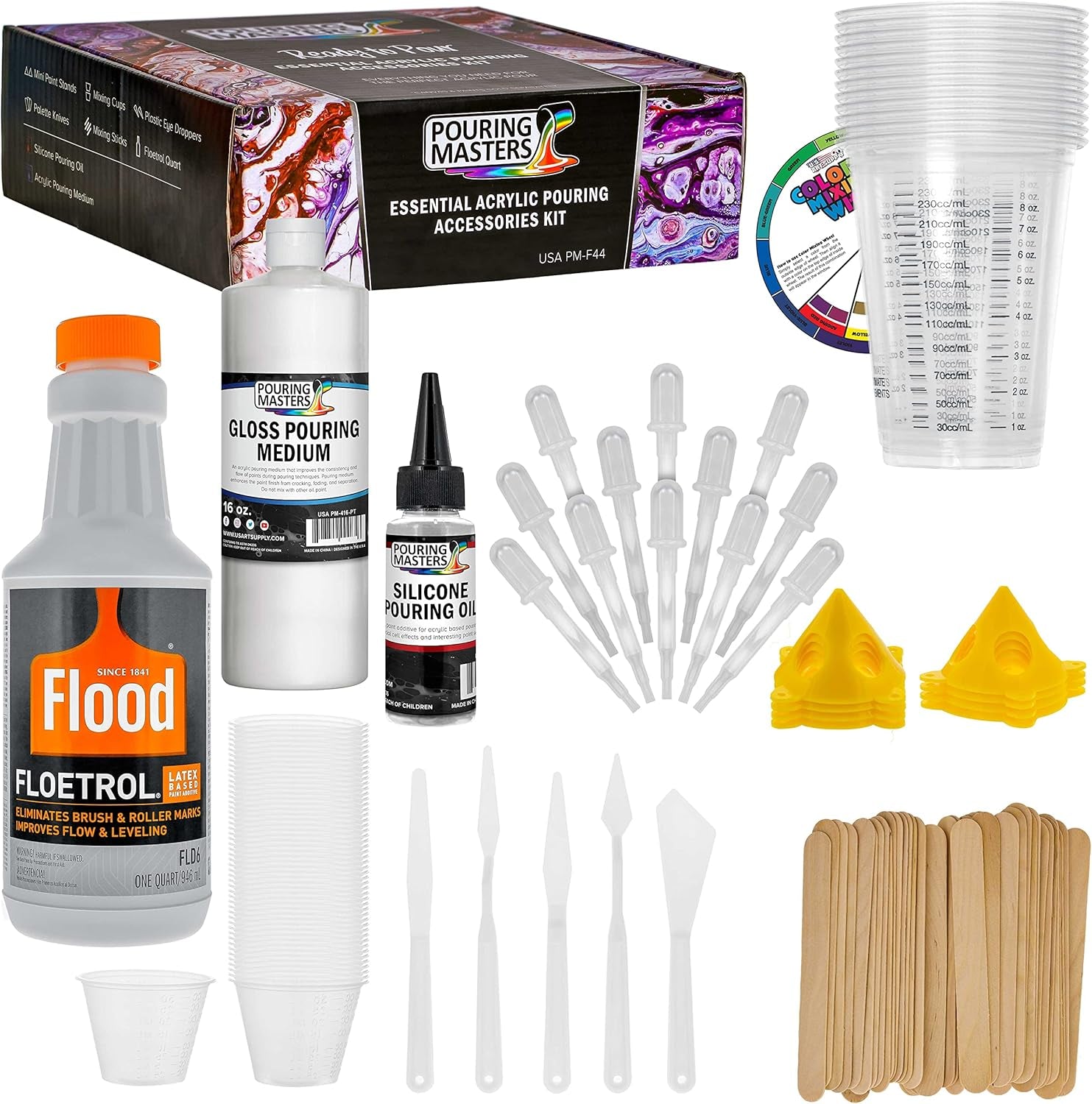 - 1 Quart Floetrol Additive Pouring Supply Paint Medium Deluxe Kit for Mixing, Epoxy, Resin - Silicone Oil,1 and 10 Ounce Plastic Cups, Mini Painting Stands, Sticks, Pallete Knifes