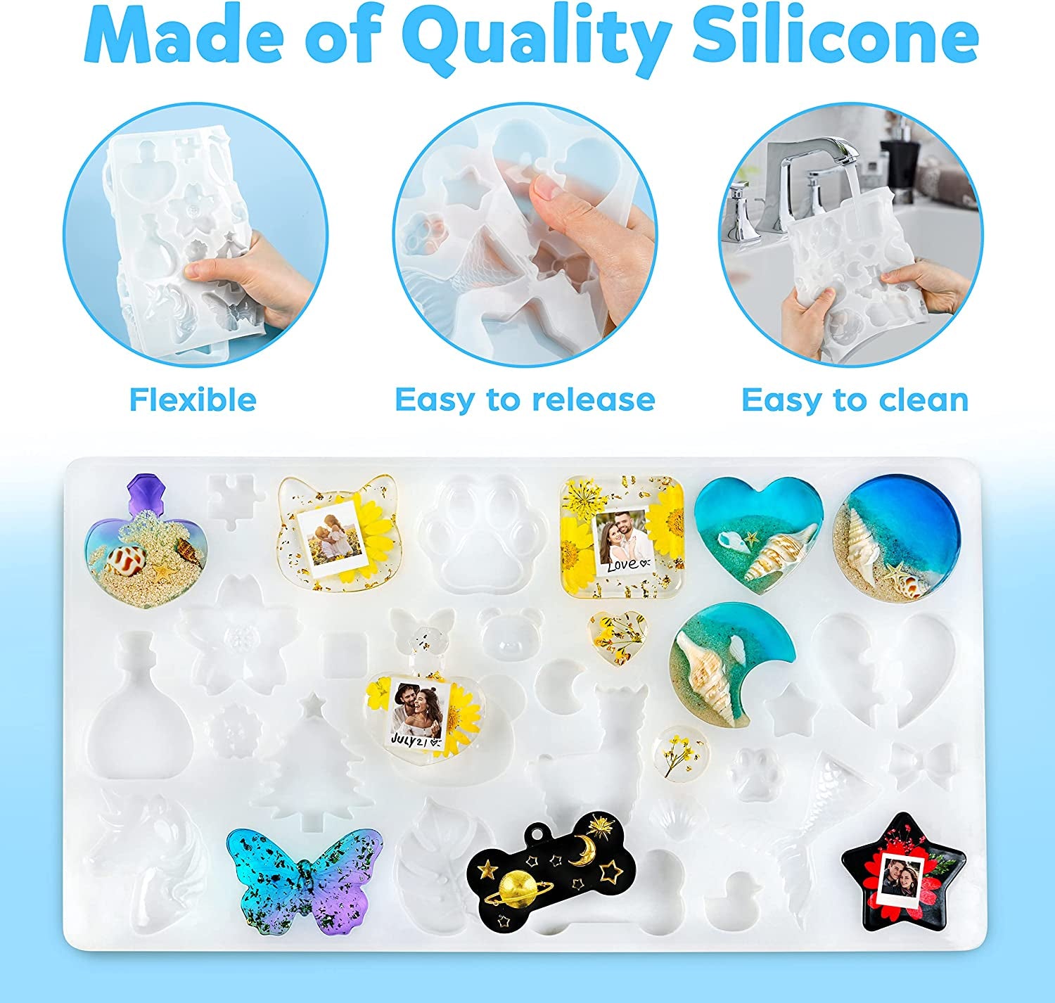 182Pcs Resin Molds Silicone Kit for Keychains, 32 Cavities Silicone Molds for Epoxy Resin Casting, Variety Shaped Resin Key Chain Molds Making Set DIY Ornaments Crafts Supplies