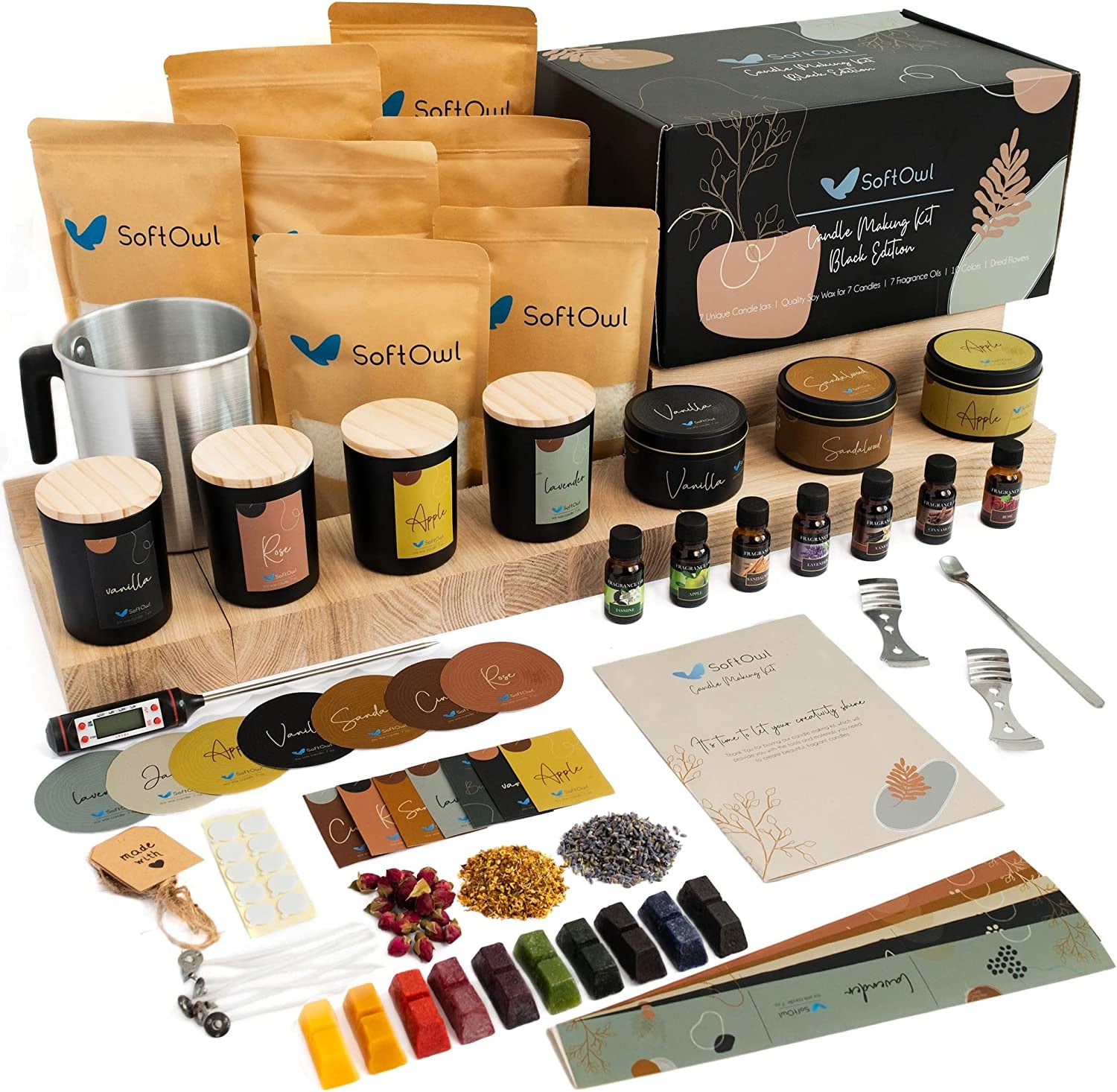 Premium Soy Candle Making Kit - Black Edition - Full Set - Soy Wax, Big 7Oz Jars & Tins, 7 Pleasant Scents, 10 Color Dyes & More - Perfect as Home Decorations