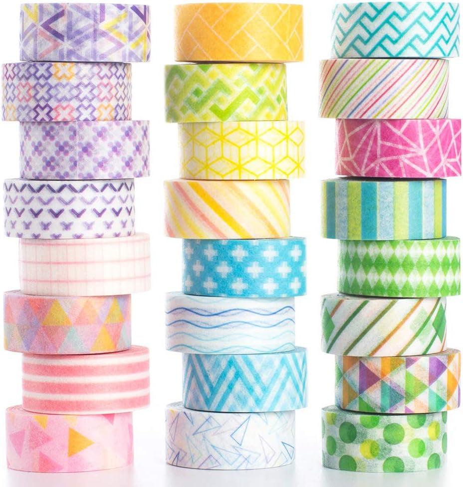 24 Rolls Washi Tape Set Basic Skinny Masking Decorative Tapes for Arts, DIY Crafts, Journals, Planners, Scrapbooking, Wrapping (Mini Graphics)