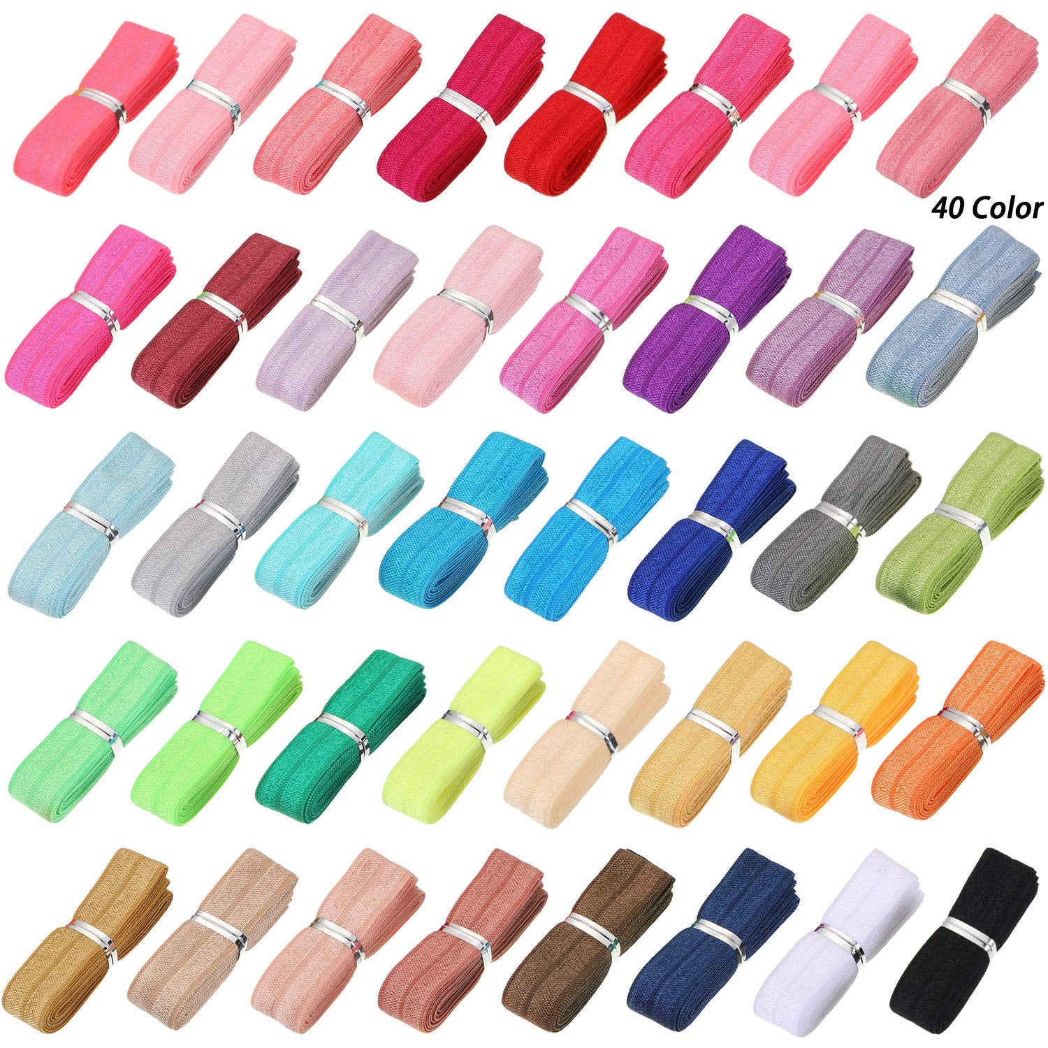 40 Yards Fold over Elastic Solid Color Trim Elastic 40 Colors Ribbon Sewing Stretch Elastic Foldover Elastic Ribbon Band for Baby Girls Hair Bow DIY Craft Hair Ties Headbands