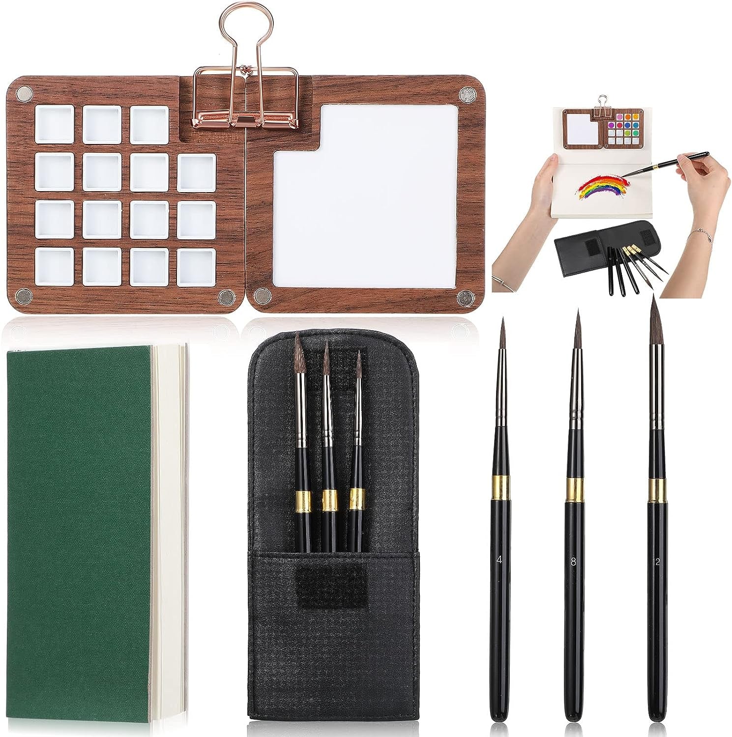 7 Pcs Portable Watercolor Palette with Clip Mini Watercolor Paper Sketchbook Travel Watercolor Brushes Set Wooden Color Palette Box 3 round Artist Paint Brushes with Protective Case (15 Color)