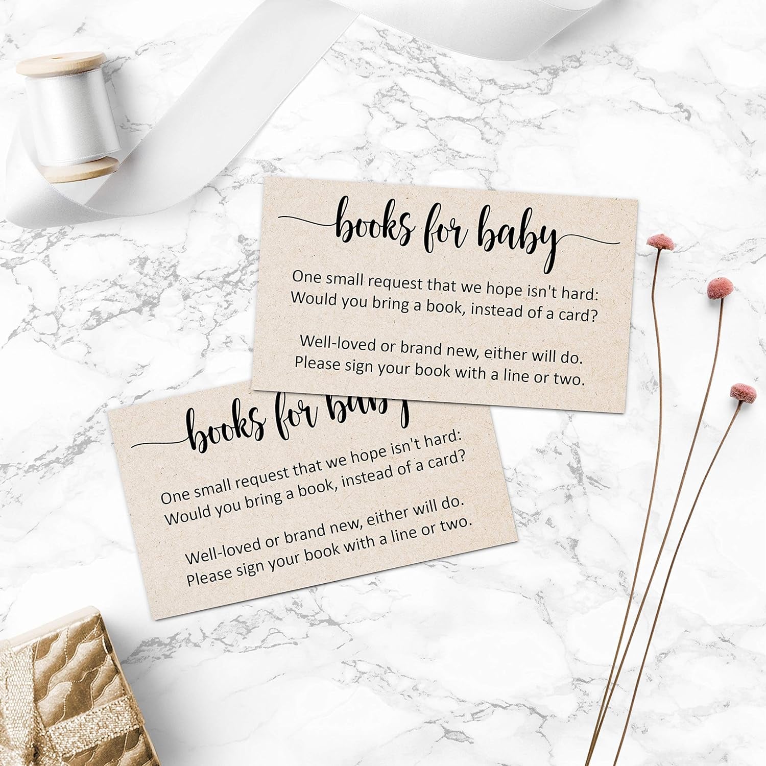 Books for Baby Cards (Set of 50) 3.5 X 2 Baby Shower Insert for Invitations, Business Card Size, Book Instead of Card Request Gift, Small Rustic Kraft Tan - Made in USA