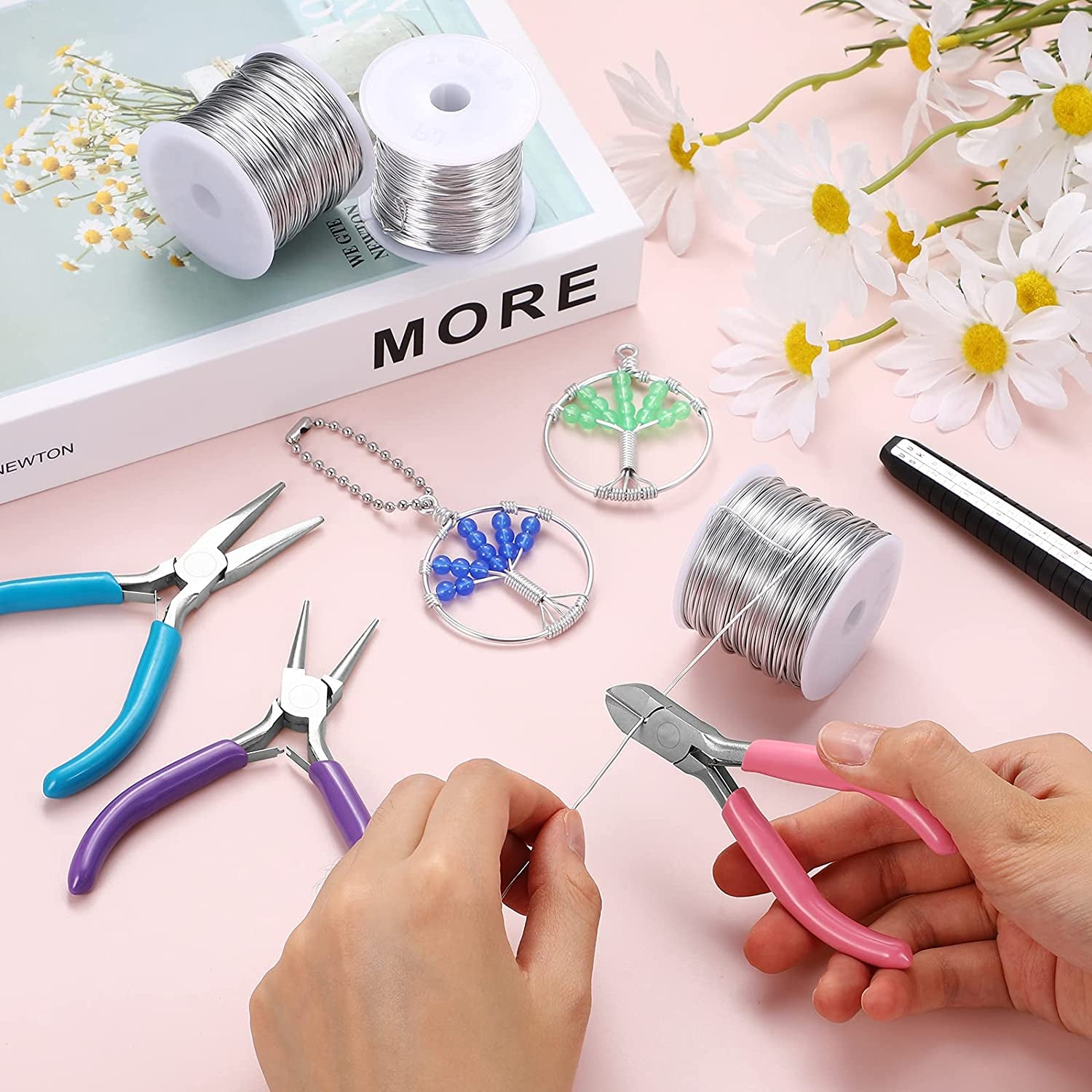 3 Rolls 18/20/22 Gauge Craft Wire for Jewelry Making Aluminum Wire with Ring Sizer Pliers for Jewelry Making(Silver)