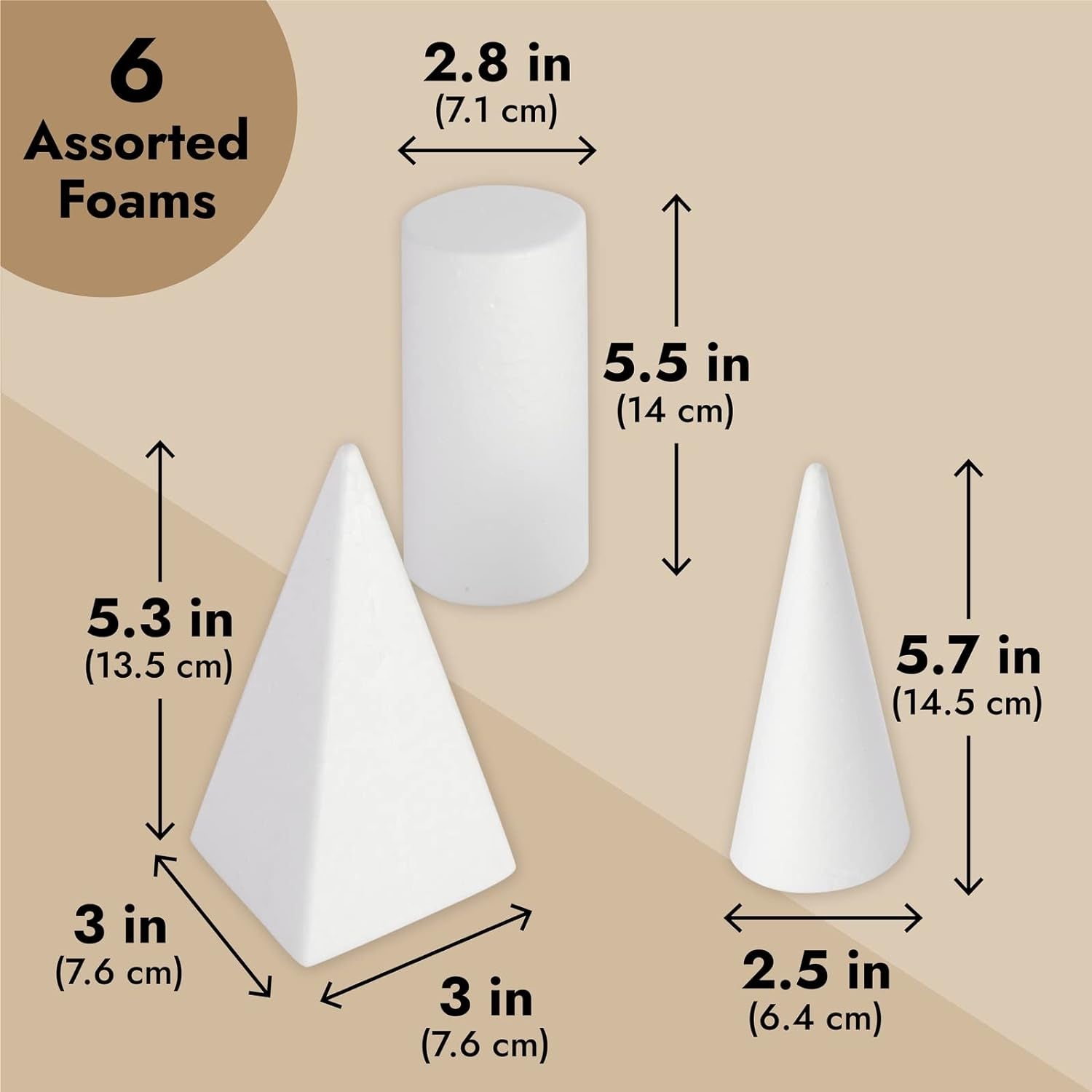 6-Pack Assorted Foam Geometric Shapes, Sizes Ranging from 2.5 to 5.9 in for Arts and Crafts Projects, DIY, Modeling, Home Decor, School Projects, Solid Polystyrene
