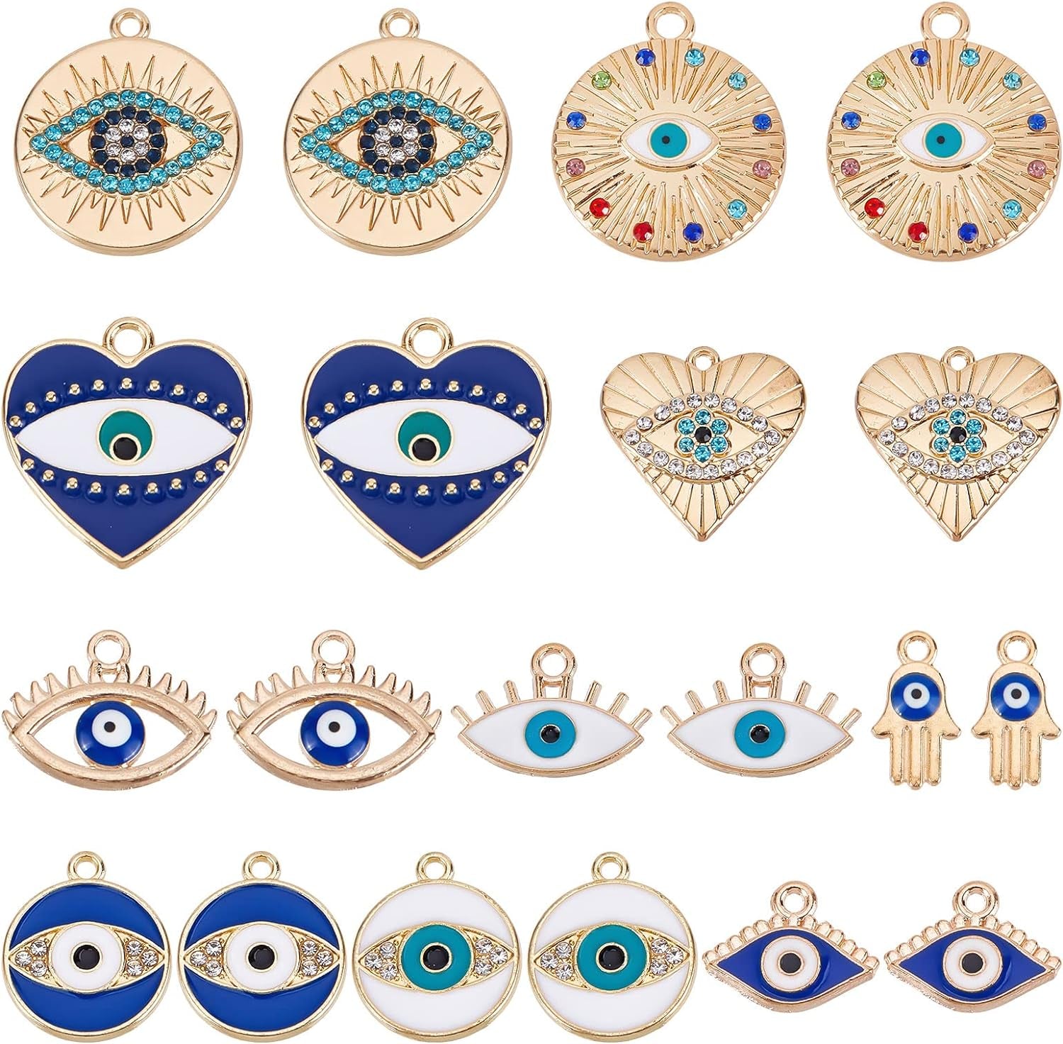 1 Box 40Pcs Evil Eye Charms Evil Eyes Charm Valentine'S Day Heart Charm Flat round Rhinestone Hamsa Hand Lucky Charms Love Charms for Jewelry Making Charm Earrings Necklace DIY Supplies