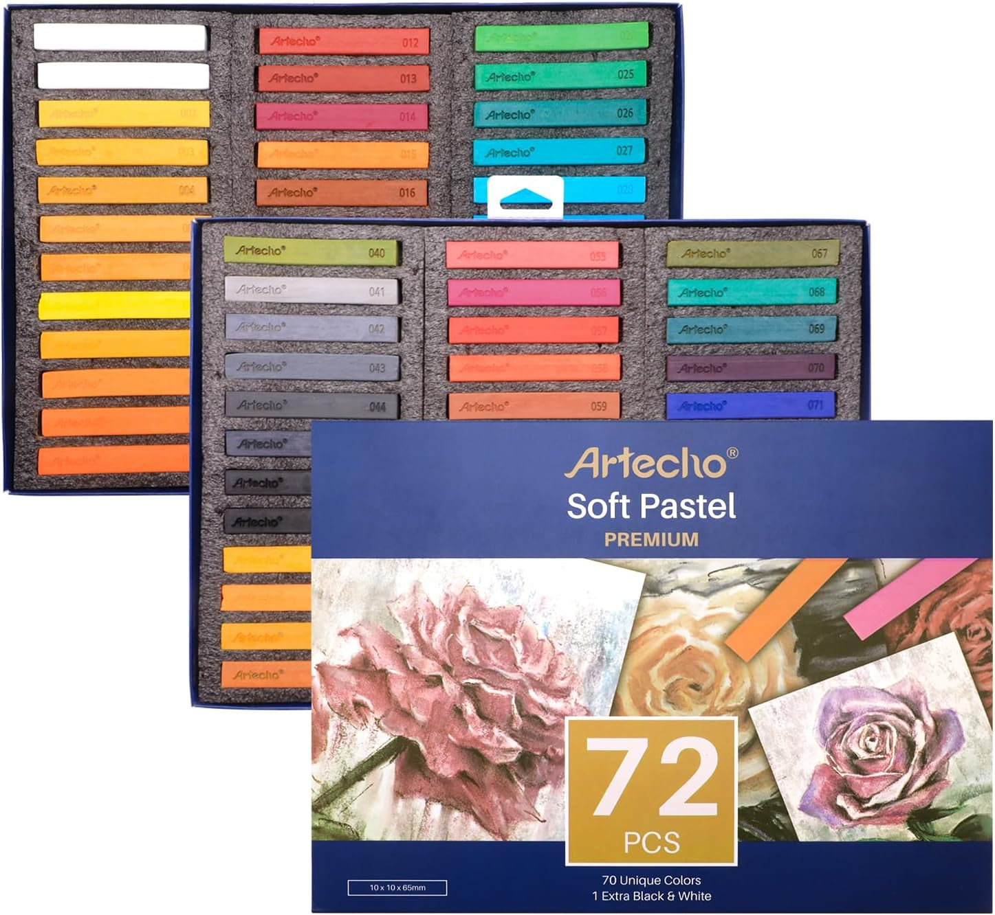 72Pcs Soft Pastels, 70 Colors Including 4 Fluorescent Colors, Extra Free Black &amp; White, Square Chalk for Drawing, Blending, Layering, Shading, Pastels Art Supplies