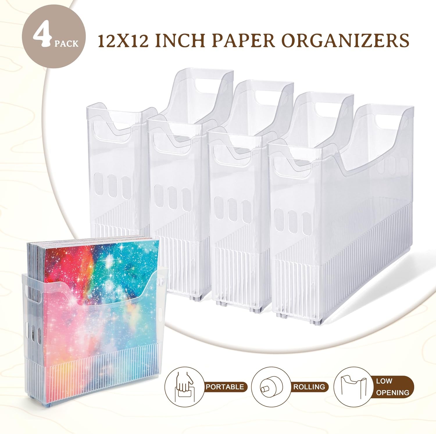 4 Pack Scrapbook Paper Storage with Wheels, Plastic Scrapbook Storage Bin for Holding 12" X 12" Papers, Scrapbook Papers, Vinyl Sheets, Cardstocks