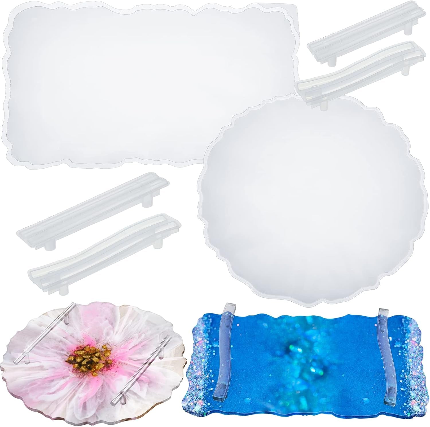 2 Pcs Large Silicone Resin Tray Molds with 4 Pcs Handles Serving Tray Molds Resin Mold for Making Jewelry Plates Tea Coasters Art Craft Casting Supplies