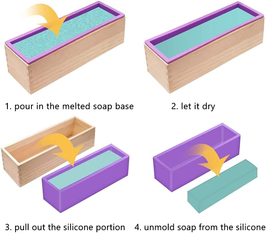 Silicone Soap Mold for Soap Making, Rectangular Loaf Soap Mold with Wooden Boxes, 2 Cutters and 100Pcs Bags, 2Pcs, 42Oz