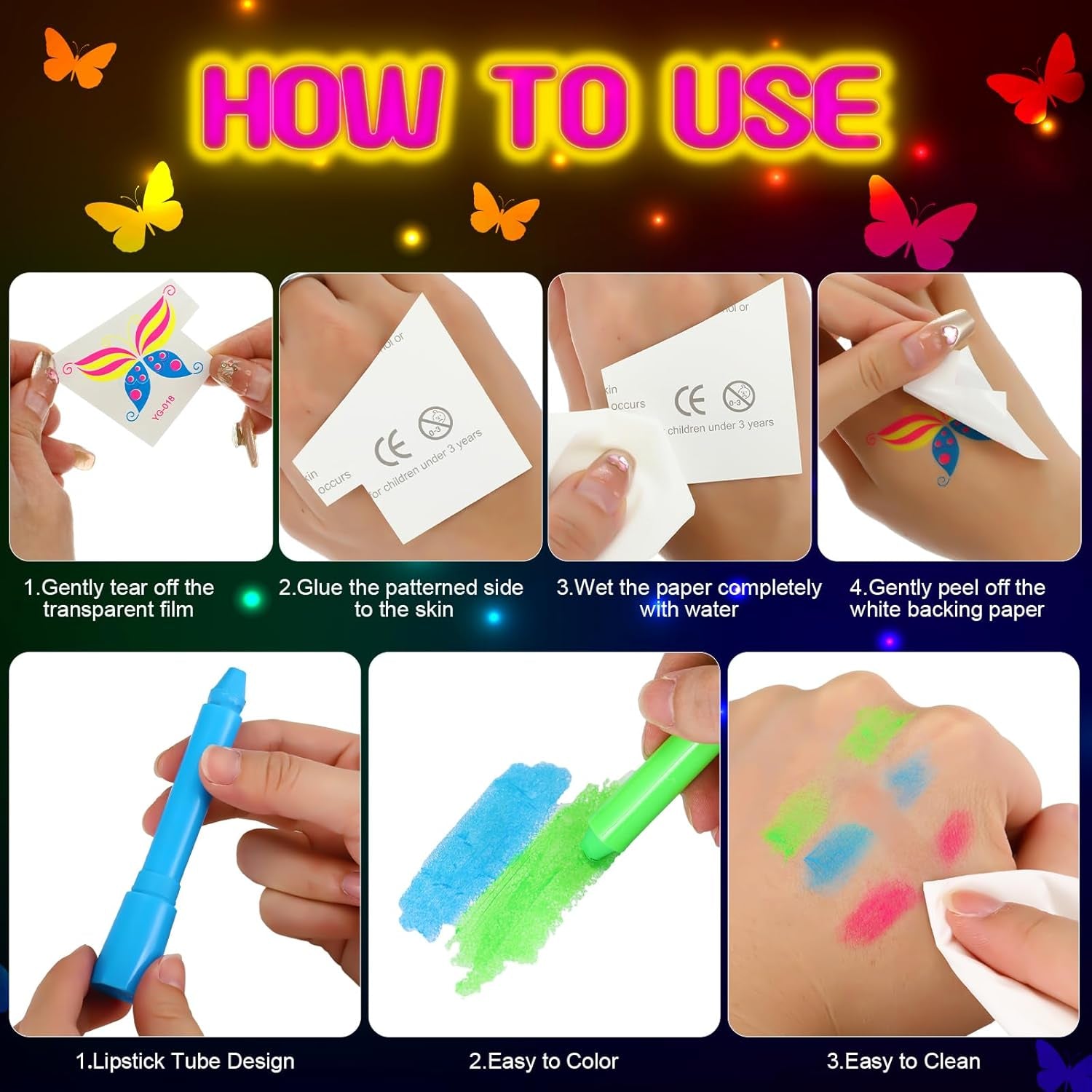 Glow in the Dark Party Supply 20 Sheet (Over 160 Pcs) Glow Temporary Tattoo Stickers,12 UV Neon Light Face Body Crayons Paint Kit for Kid Adult Masquerade Masks Mardi Gras Supplies Neon Favor