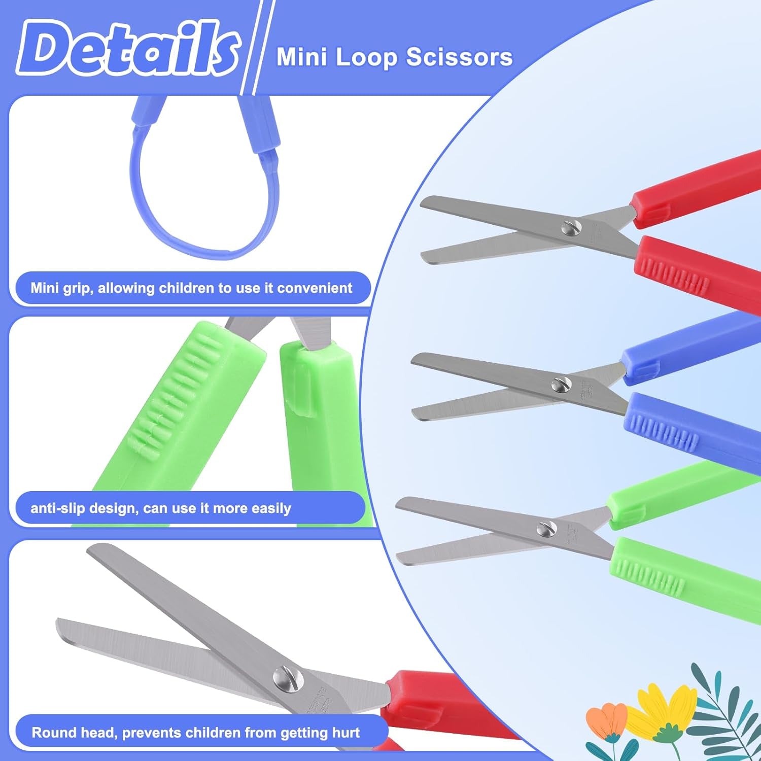 3Pcs Loop Scissors,  7.8 Inch Spring Scissors Mini Training Loop Scissors Loop Scissors Colorful Grip Scissors Loop Handle with Easy-Open Squeeze Handles for Special Needs and Elderly
