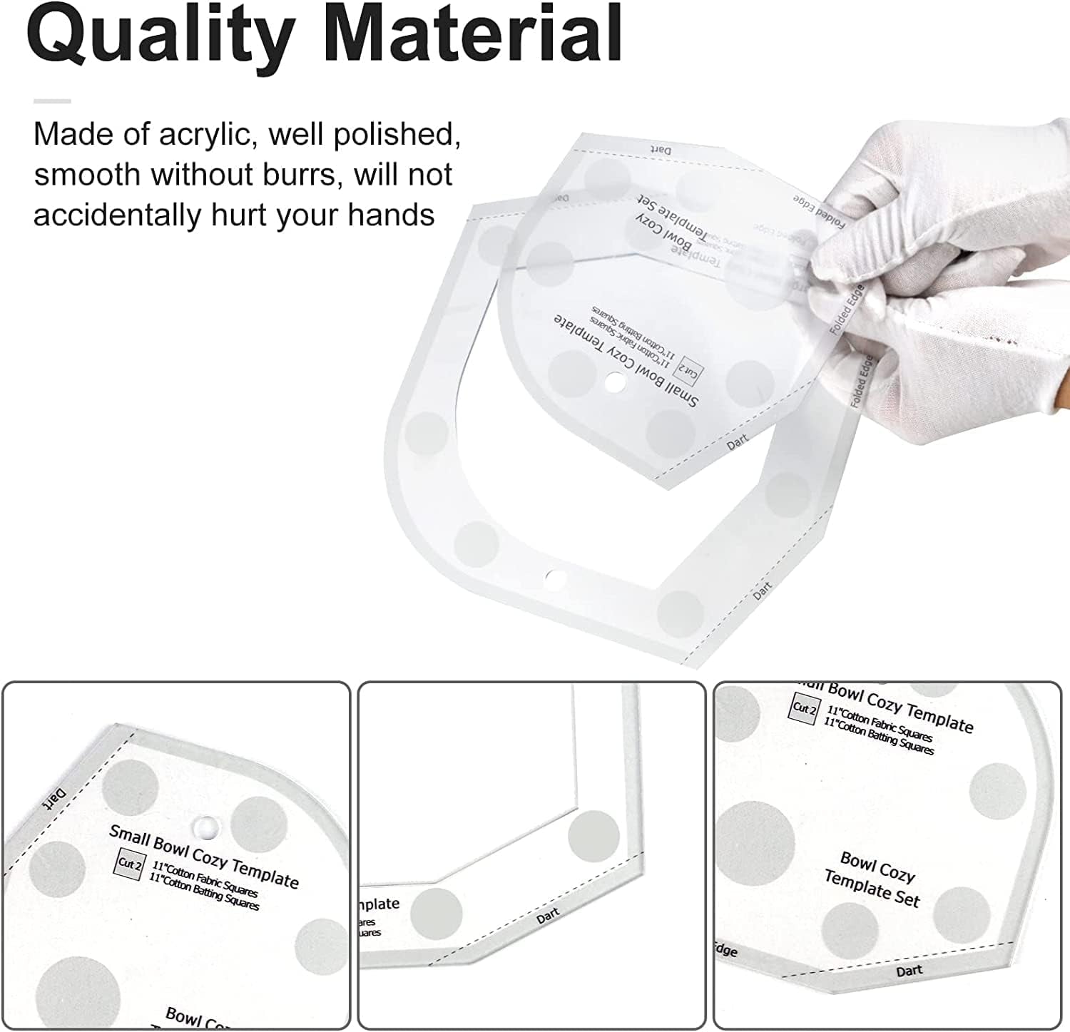 Bowl Cozy Template Cutting Ruler Set, 3Pcs Acrylic Transparent Quilting Bowl Templates for Hot and Cold Food Bowl Rack, DIY Kitchen Art Craft Acrylic Stencil Cut on Fold Template Sewing (White)