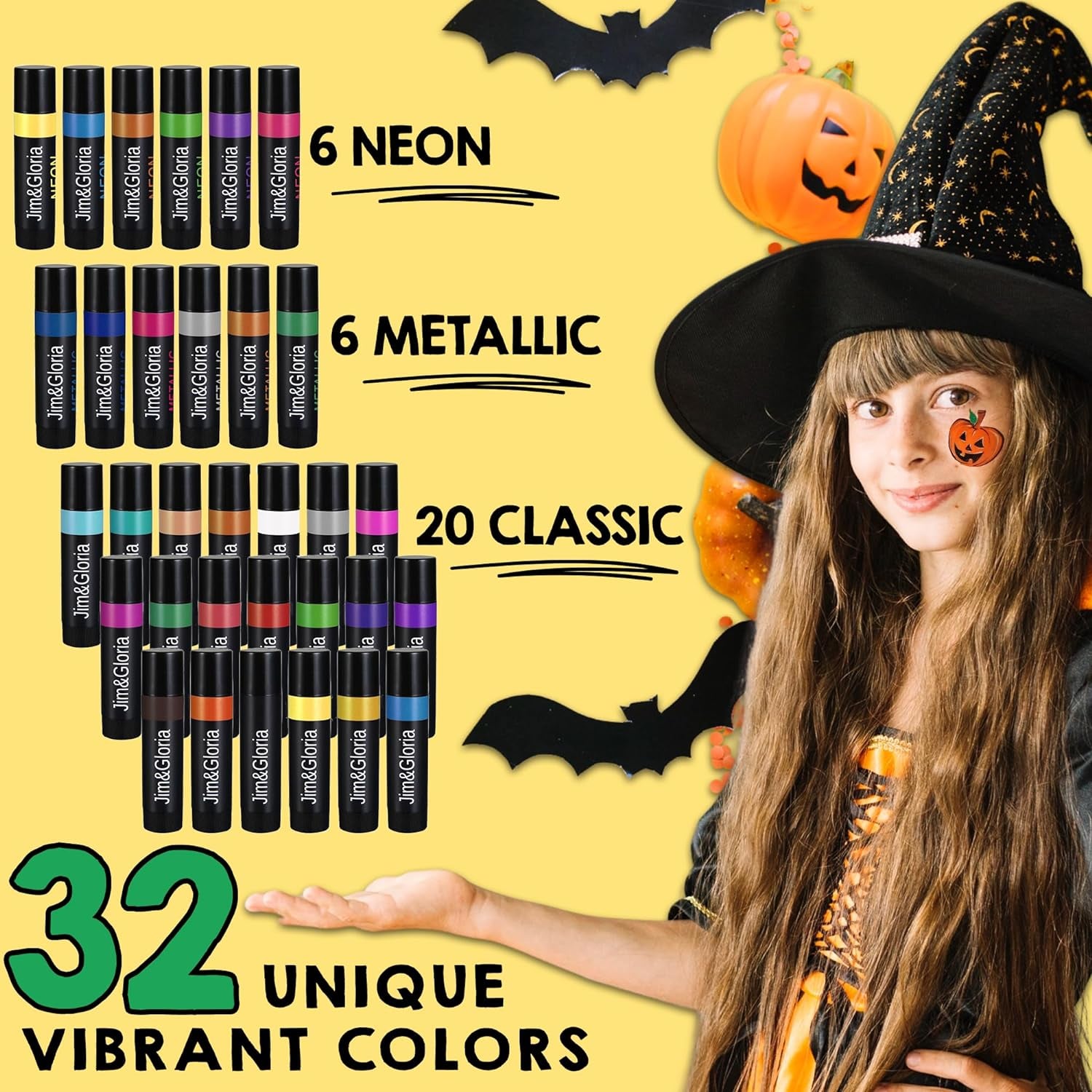 Face Painting Kit for Kids 32 Colors Metallic, Neon, Classic + Makeup Brush, Skin Safe, Washable and Professional Body Paint Sticks Crayon Set, Birthday Gift for Kids, Halloween Costume
