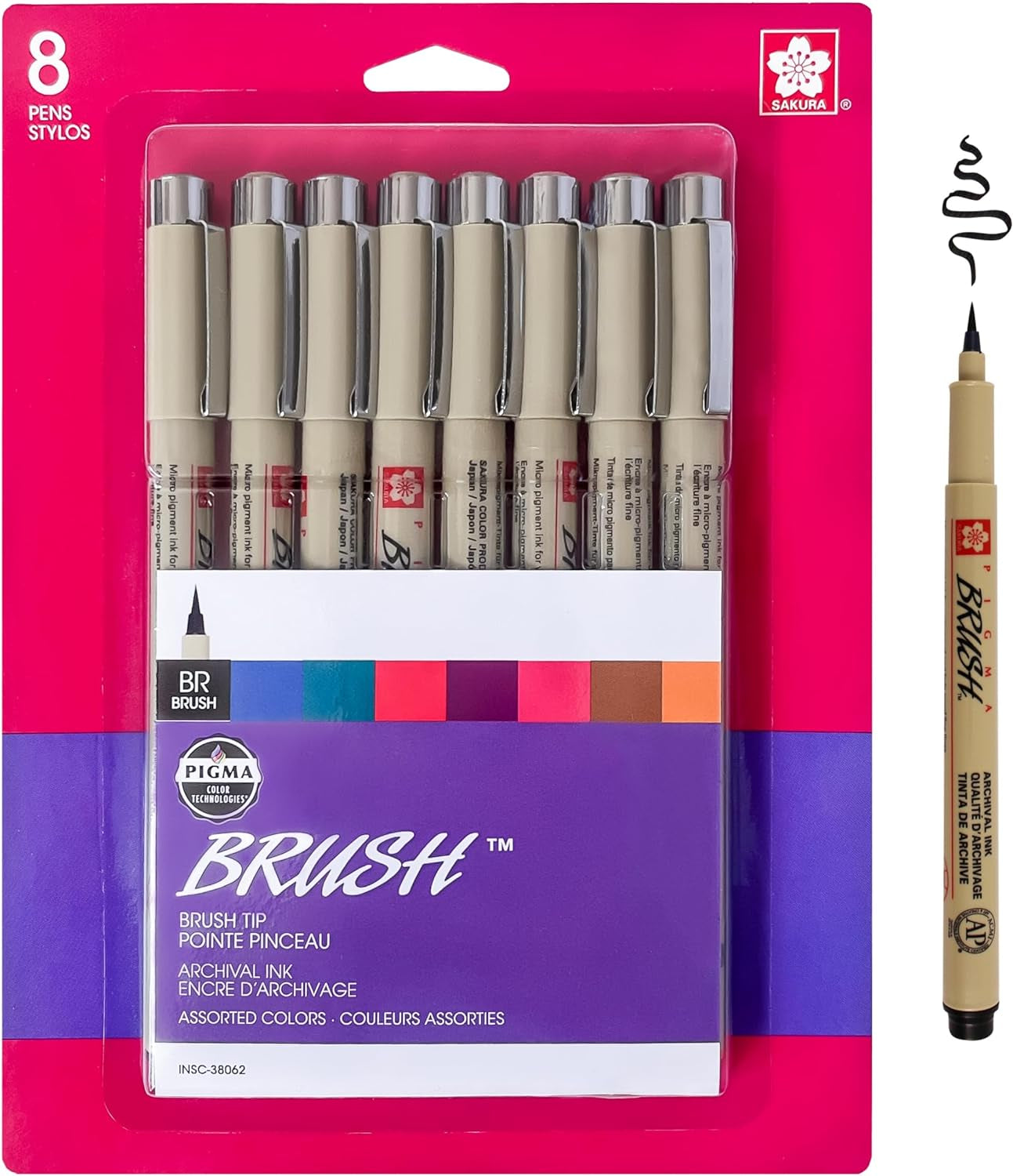 Pigma Micron Brush Pens - Archival Black and Colored Ink Pens - Pens for Writing, Drawing, or Journaling - Black and Assorted Colored Ink - Brush Nibs - 8 Pack