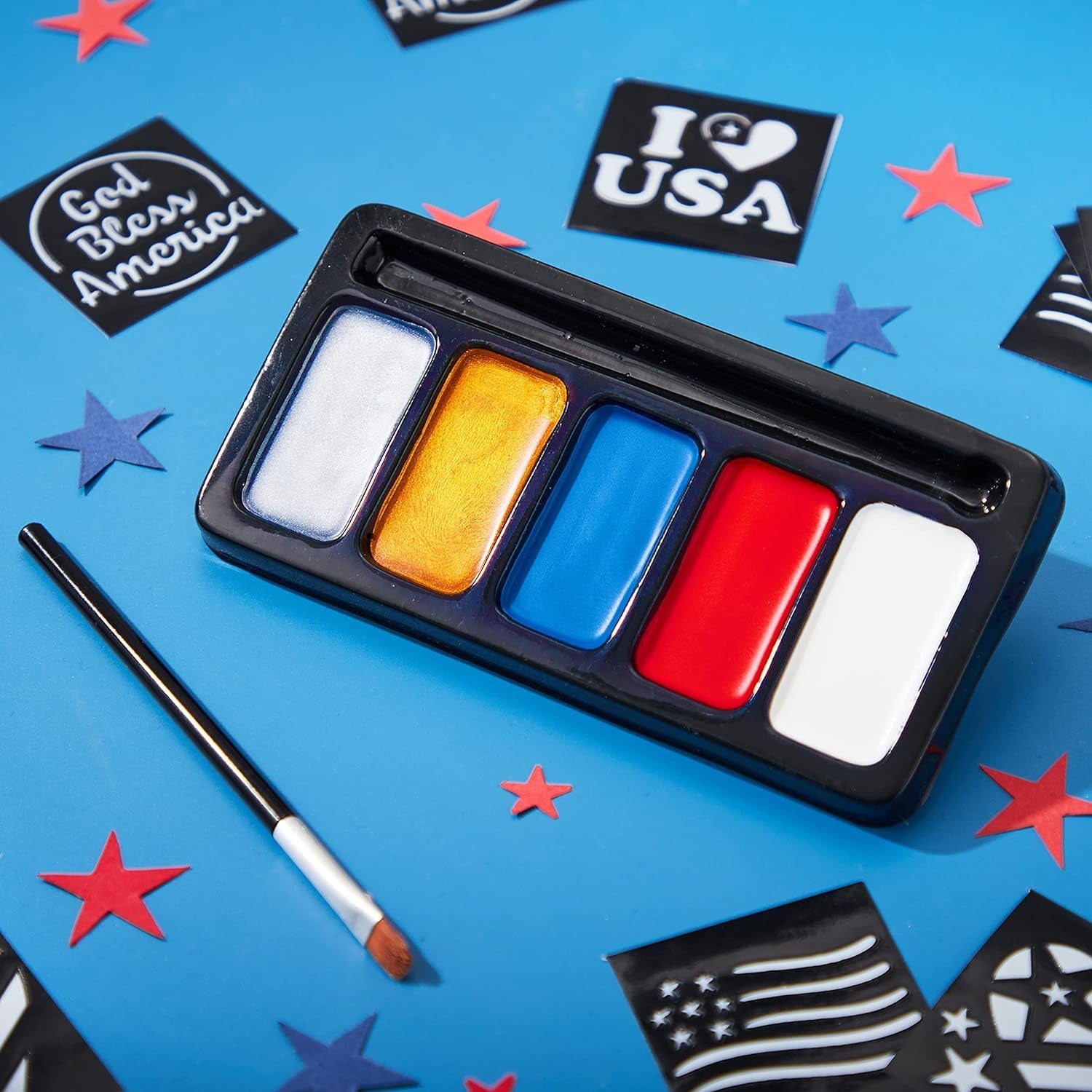 5 Colors Patriotic Face Paint Kit with Glitter and 16 Pcs Stencils Sticker for Kids, 4Th of July Face Paint Red White Blue Face Paint for Independence Day, Memorial Day Party, Veterans Day