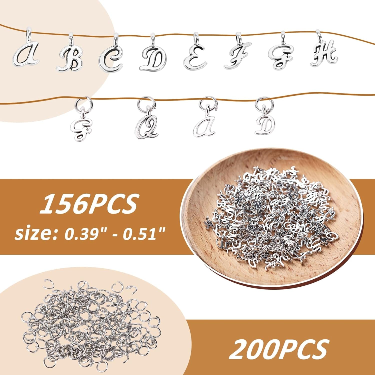 156PCS ABC Letter Charms, Mini A-Z Alphabet Bracelet Necklace Pendants with 200PCS Open Jump Rings for DIY Jewelry Making