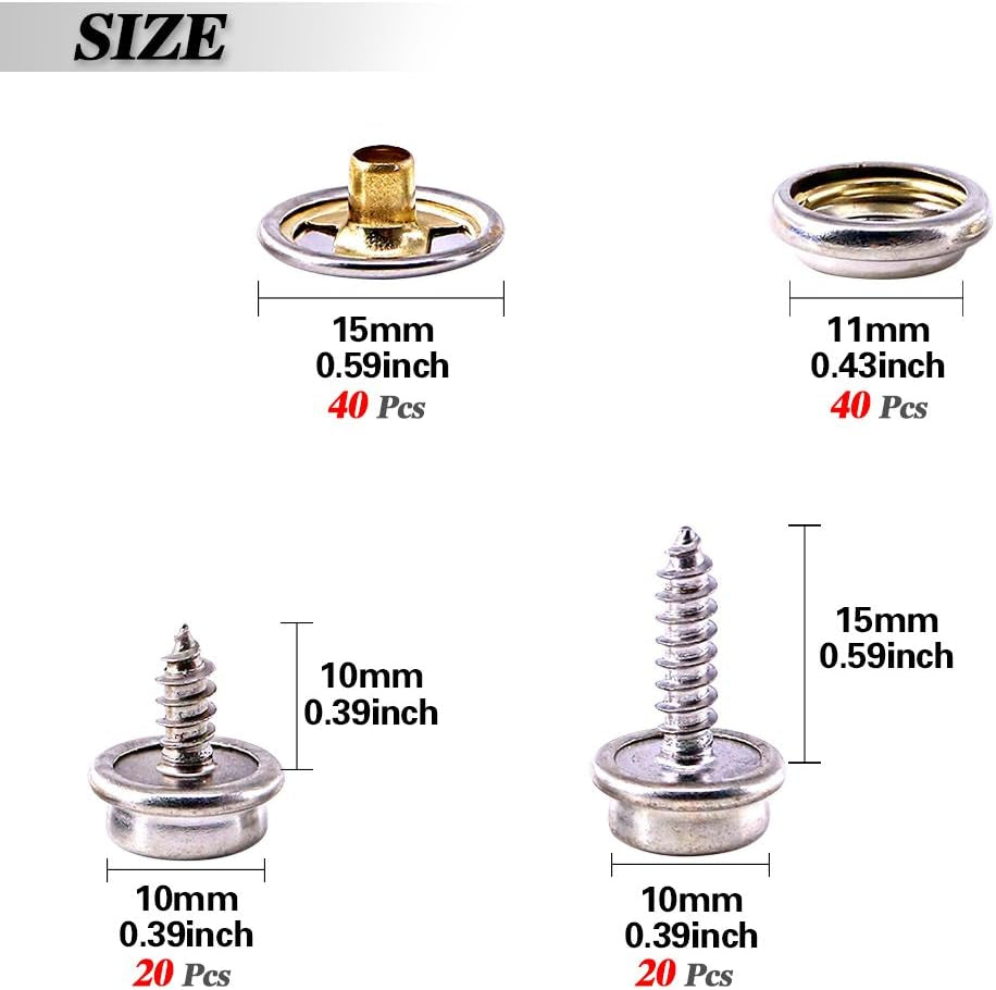 120-Pieces Stainless Steel Marine Grade Canvas and Upholstery Boat Cover Snap Button Fastener Kit with 2Pcs Setting Tool (40 Sets)- Silver