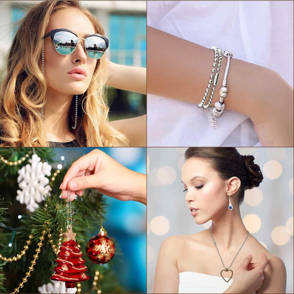 32.8 Feet Stainless Steel Ball Beaded Chain Necklace Chains for Making Jewelry with 20 Pieces Matching Connectors Silver Color Metal Pull Chain Roll Spool Ball for Dog Tag DIY (2.4Mm in Diameter)
