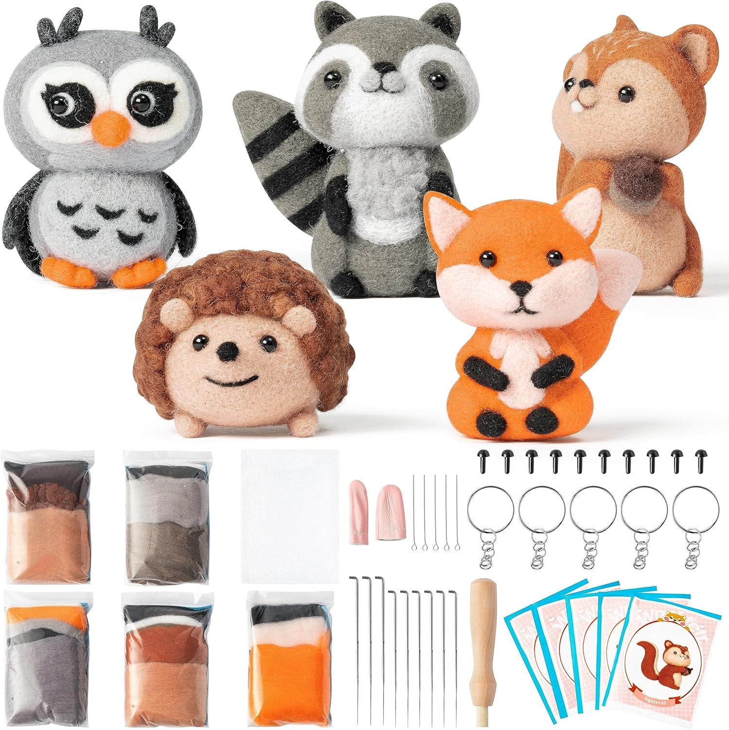 Set of 5 Woodland Wool Needle Felting Kit, Fox Owl Hedgehog Squirrel Raccoon Animal Doll Wool Felt Needle Felting Tools Foam Pad, DIY Needle Felting Craft Party Supplies for Beginners