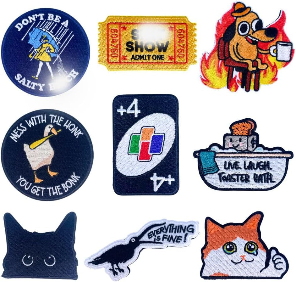 9PC Funny Patches Hook &amp; Look for Backpack Jacket Airsoft Bag Vest | Humor Large Big Patch for Morale Tactical Military This Is Fine Dog Don’T Be Salty Cat Meme Duck Fun Cute Gifts